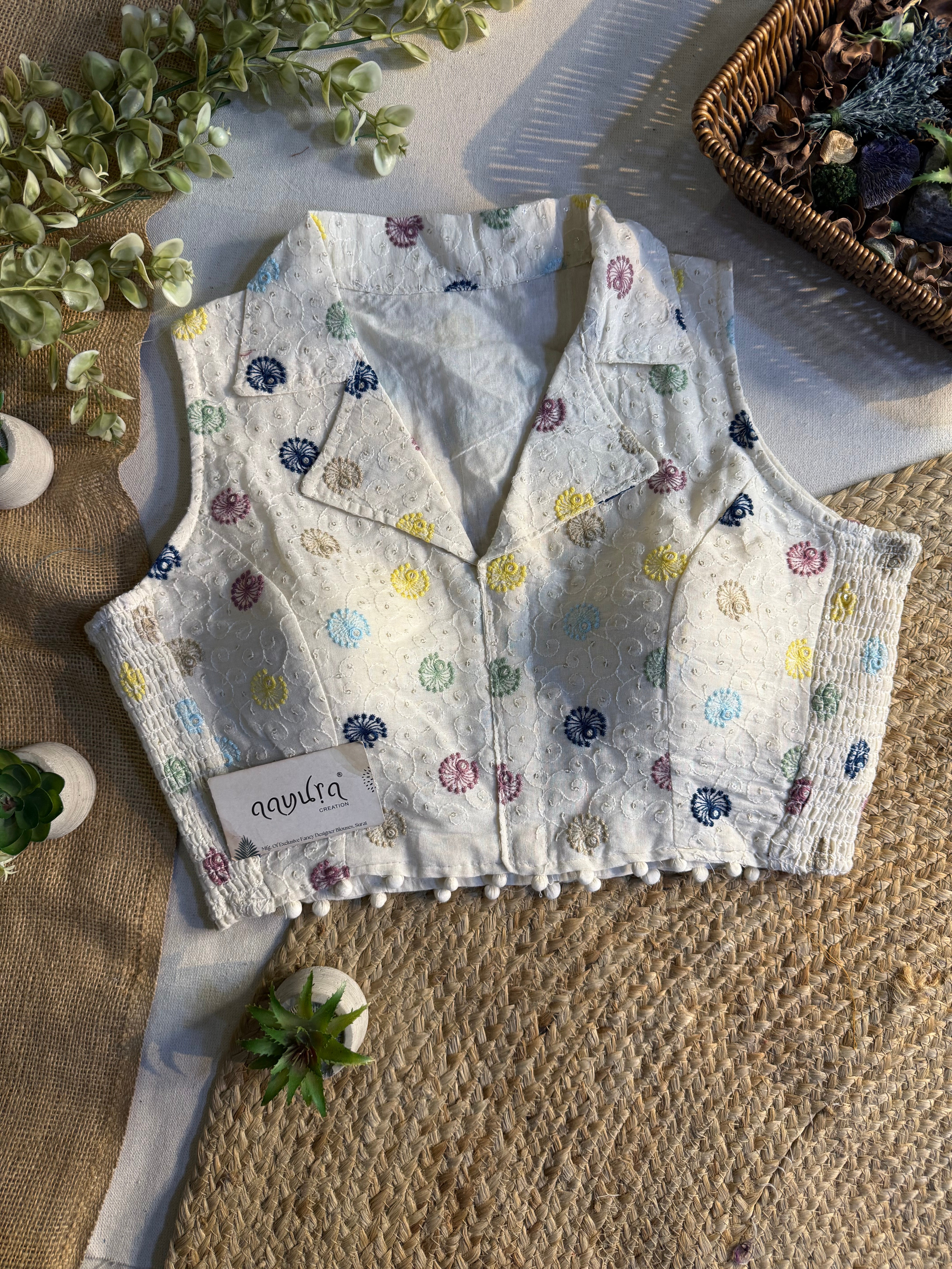 Classic Off-White Stretchable Embroidery Blouse