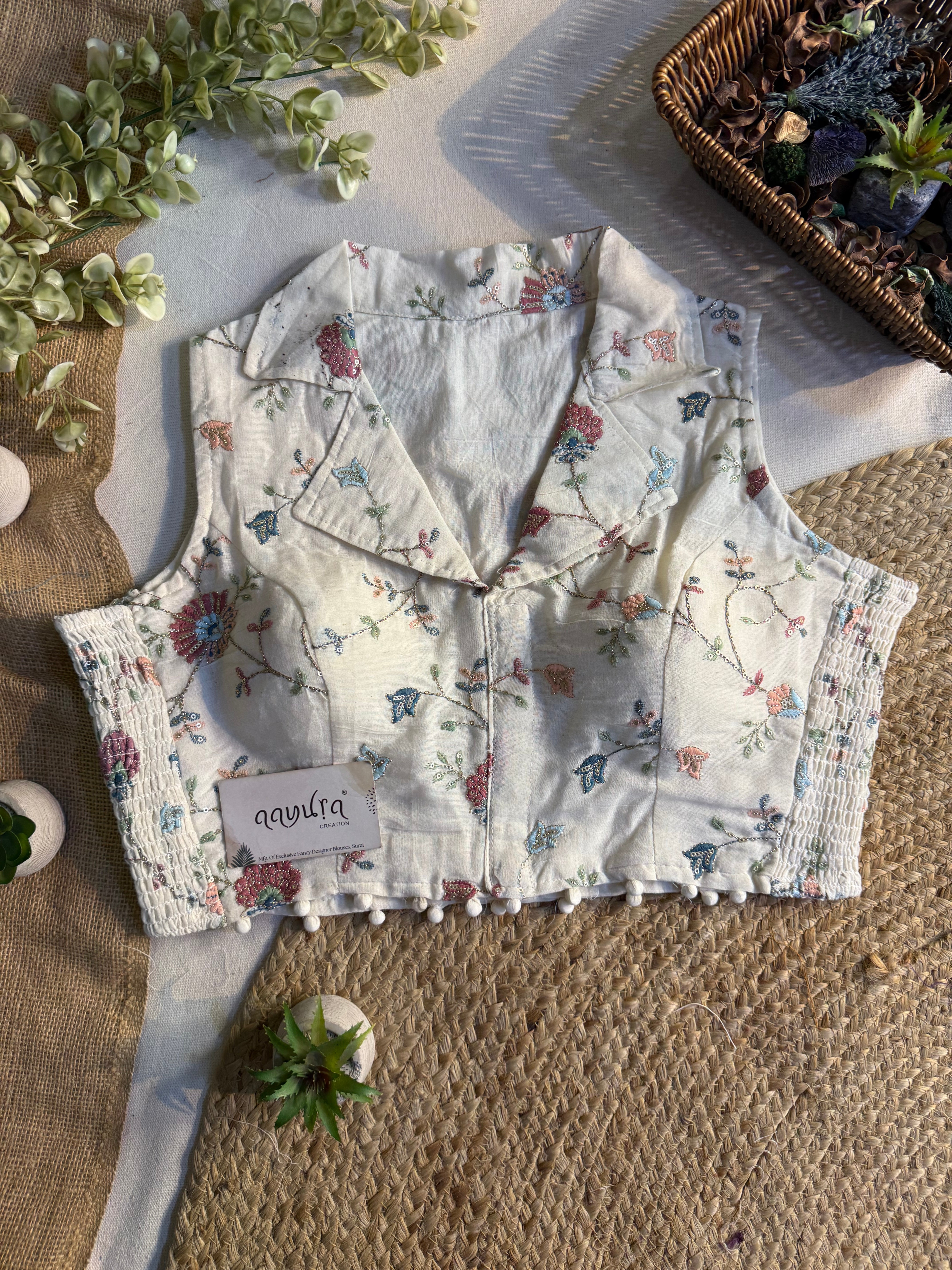 Classic Off-White Stretchable Embroidery Blouse