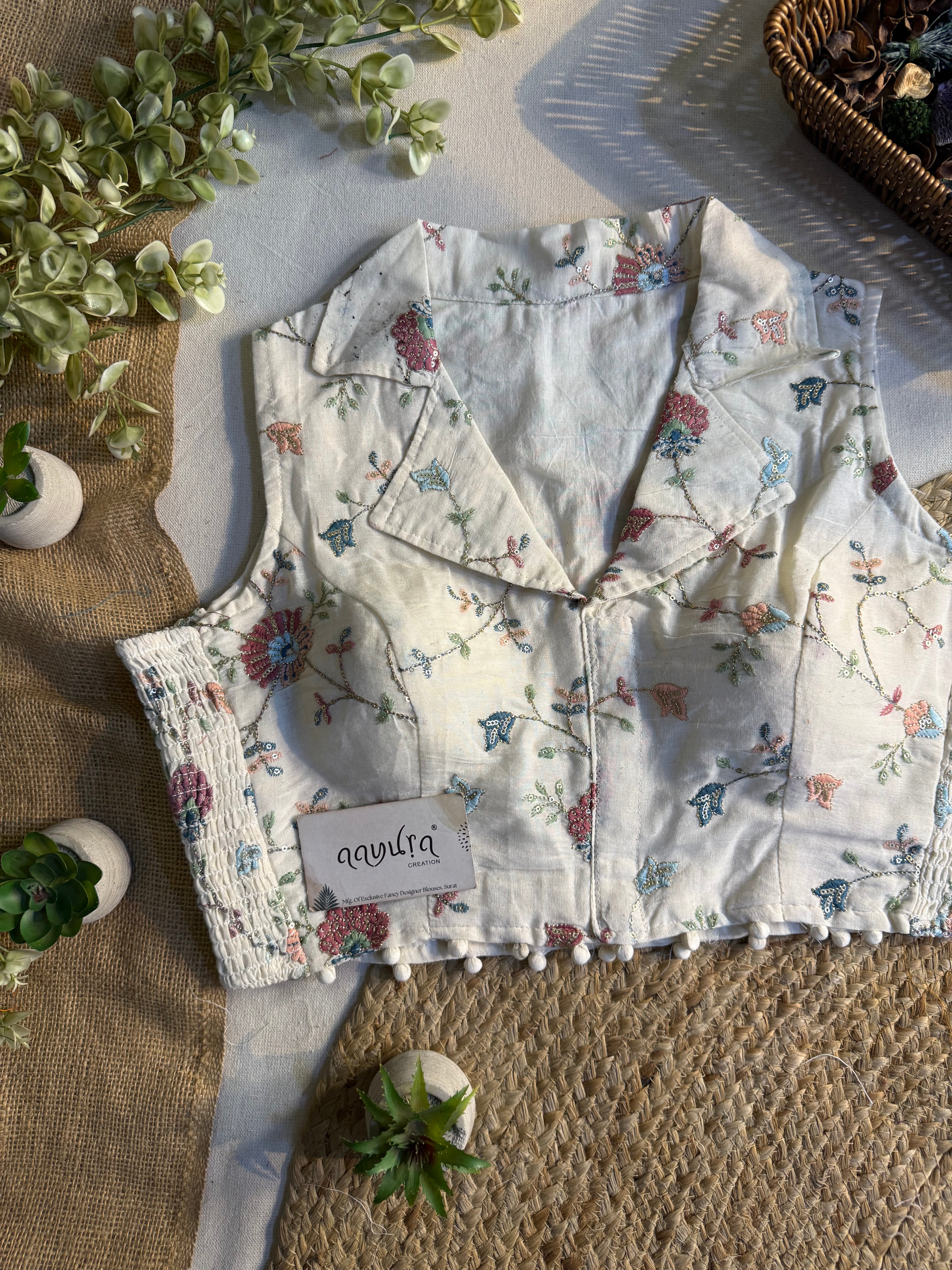 Classic Off-White Stretchable Embroidery Blouse