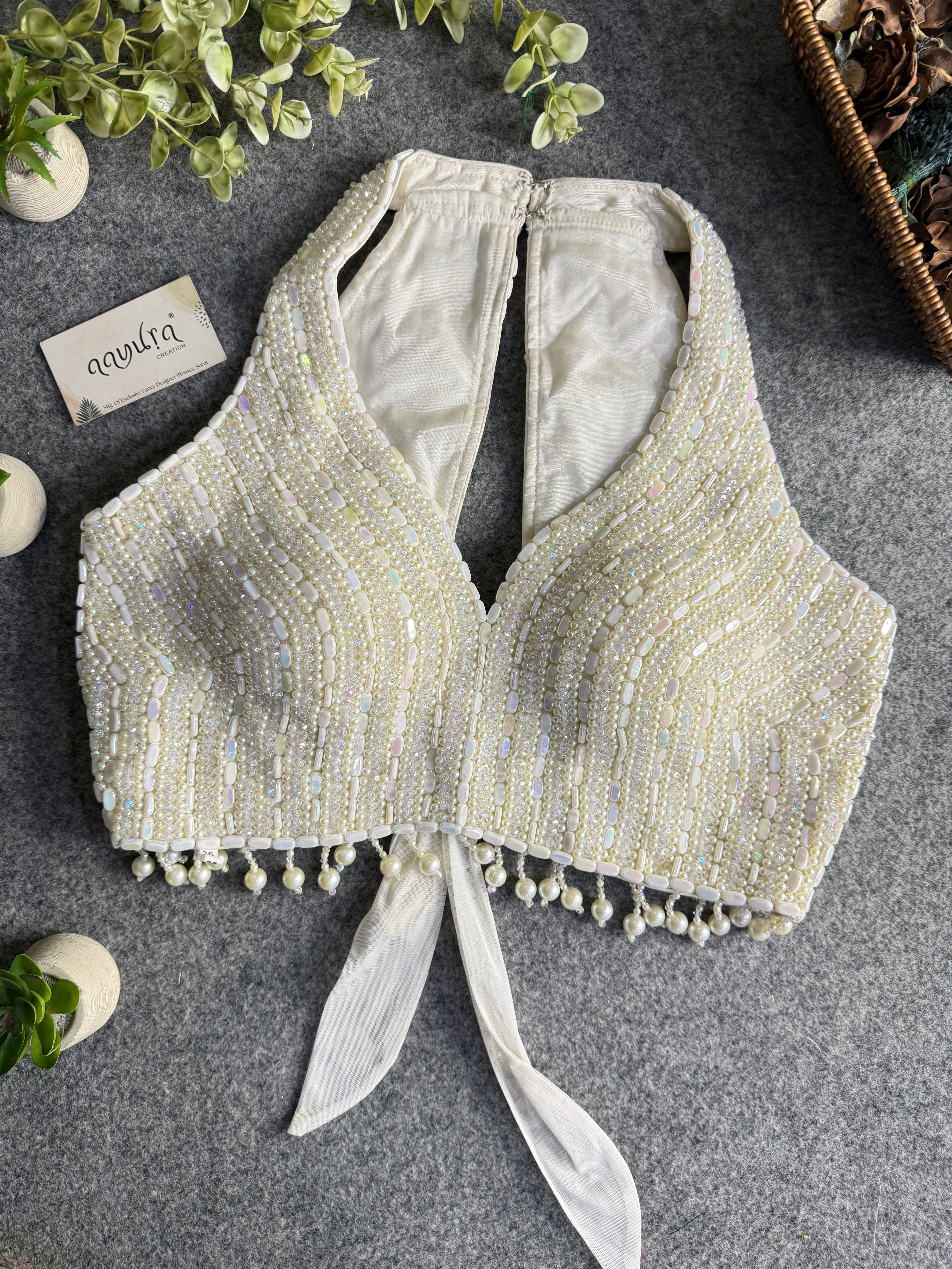 Heavy Pearl Handworked Back-Tie Designer Blouse