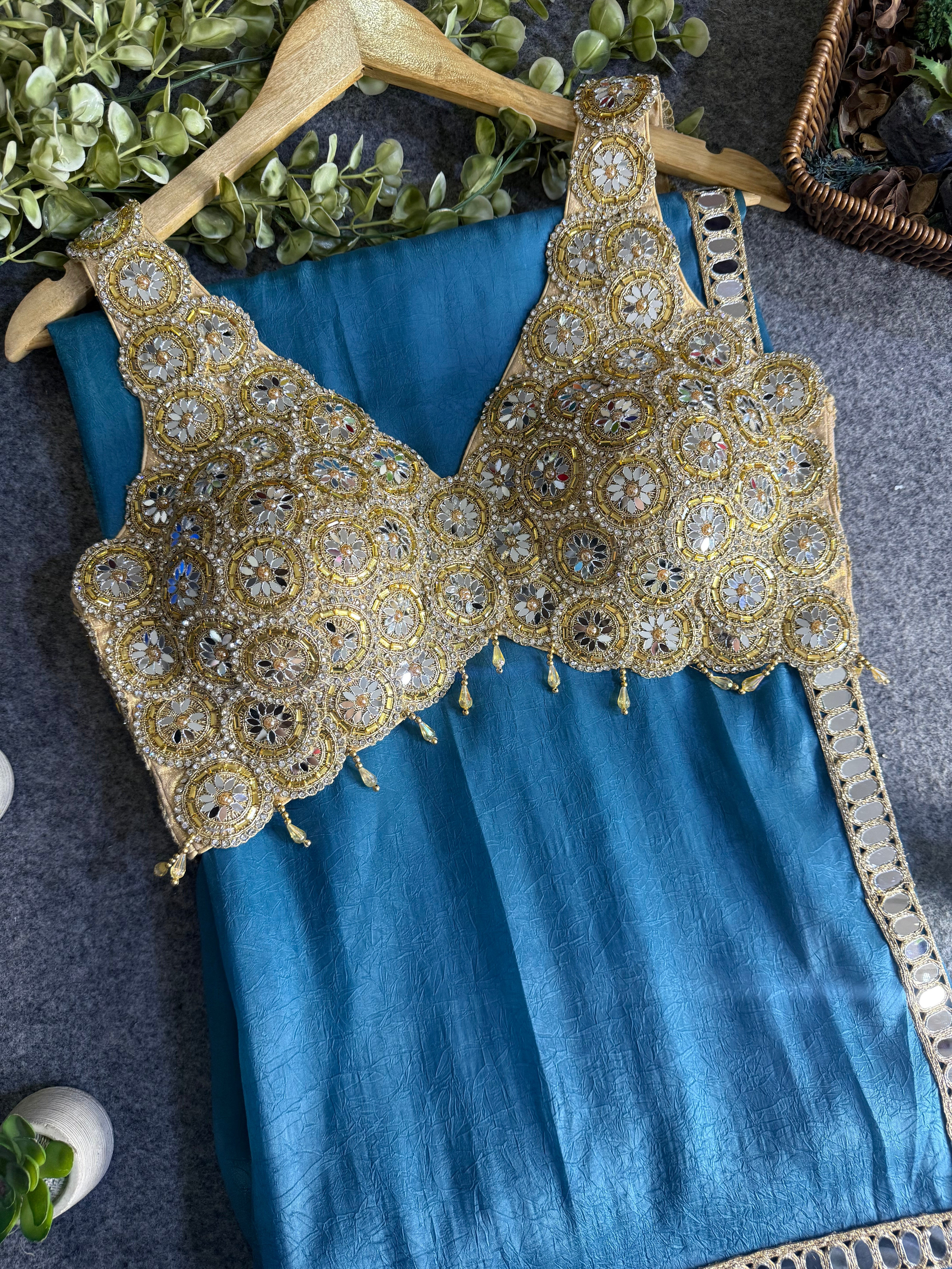 Luxury Beads & Mirror Silk Blouse Saree Combo