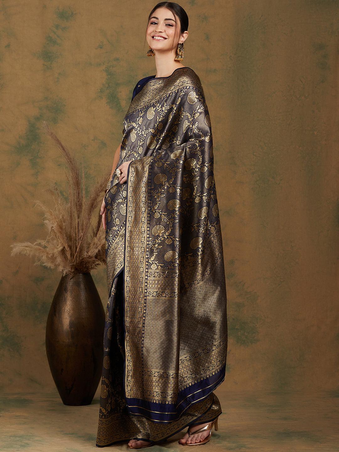 Banarasi Silk Flower Jall Saree-Navy Blue