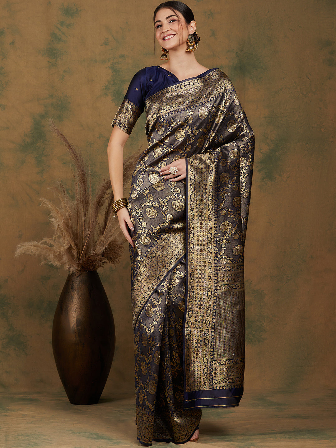 Banarasi Silk Flower Jall Saree-Navy Blue