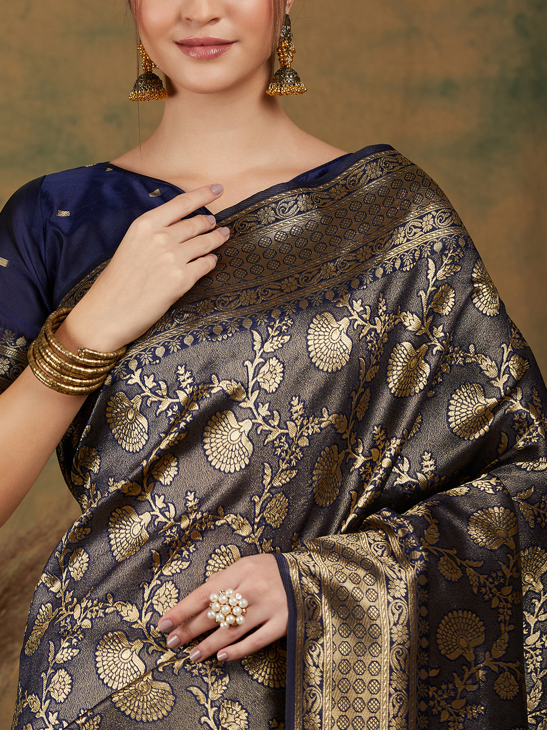 Banarasi Silk Flower Jall Saree-Navy Blue
