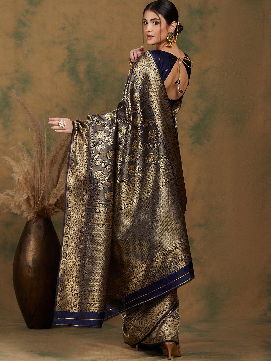Banarasi Silk Flower Jall Saree-Navy Blue