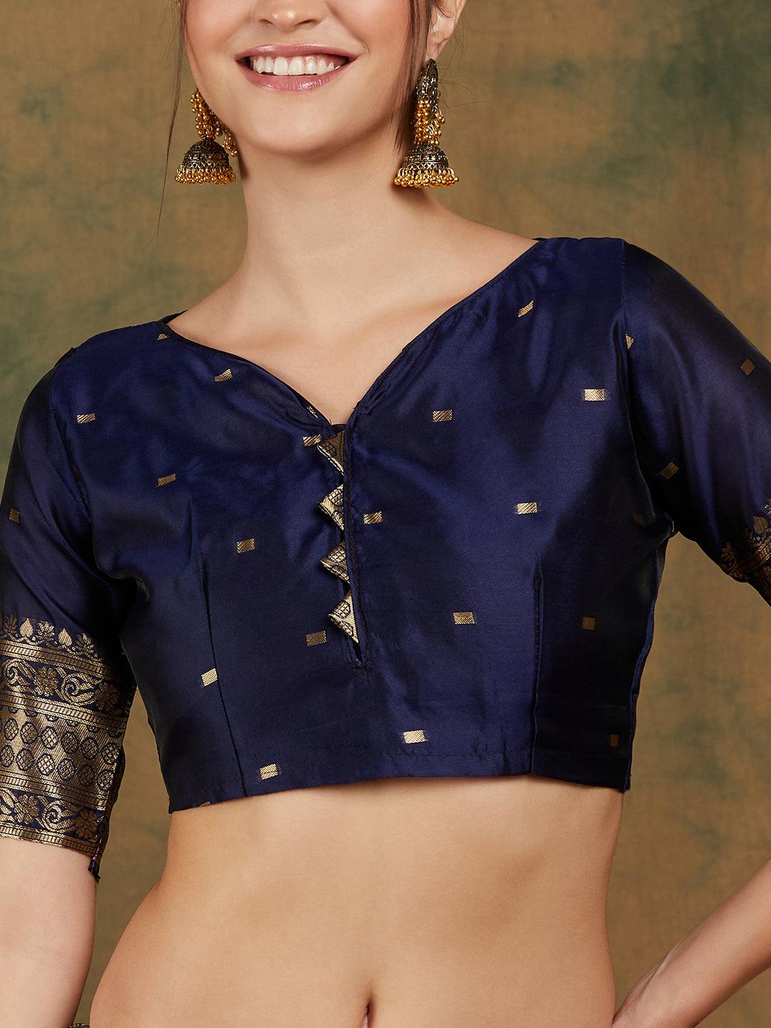 Banarasi Silk Flower Jall Saree-Navy Blue