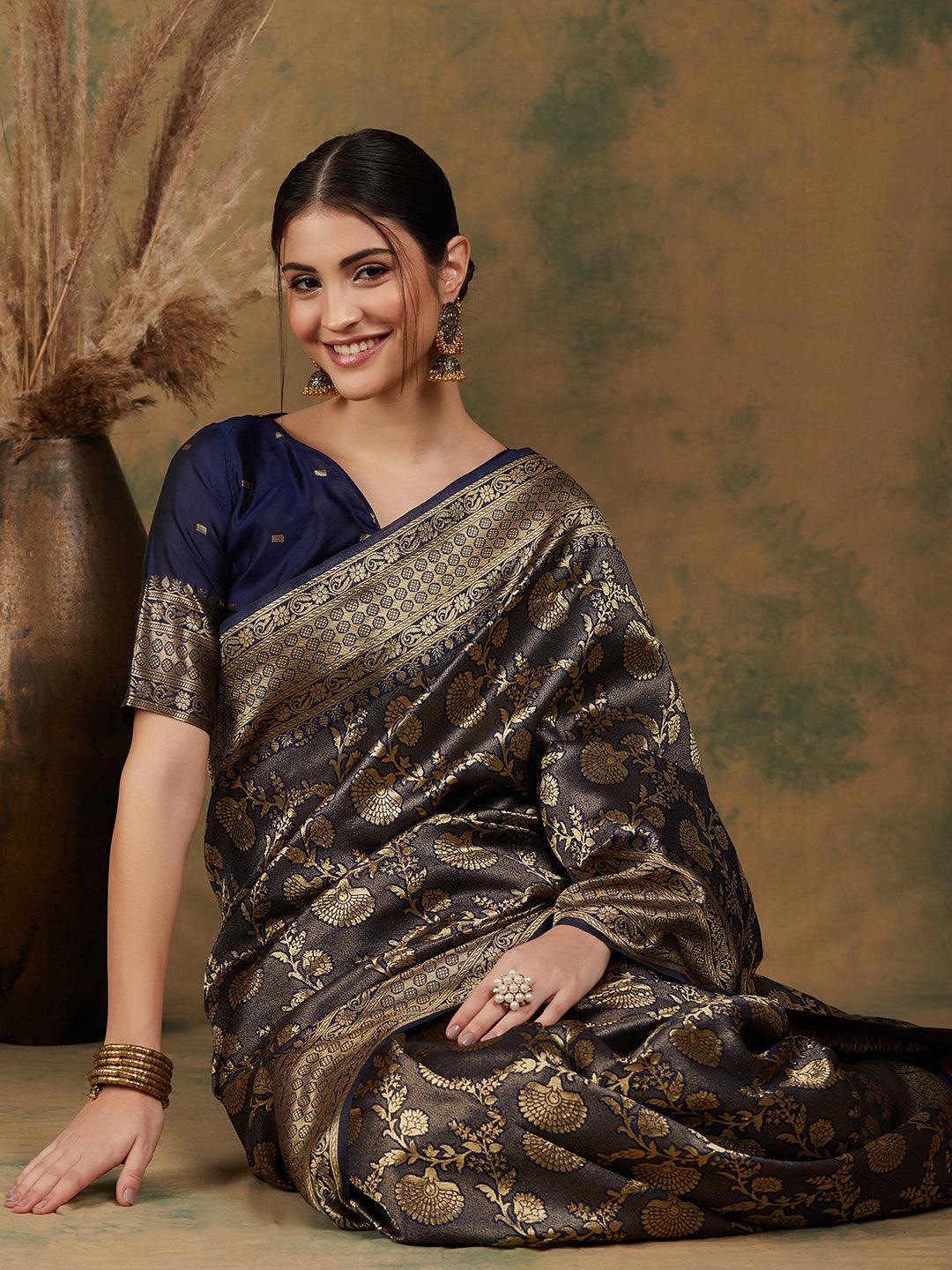 Banarasi Silk Flower Jall Saree-Navy Blue