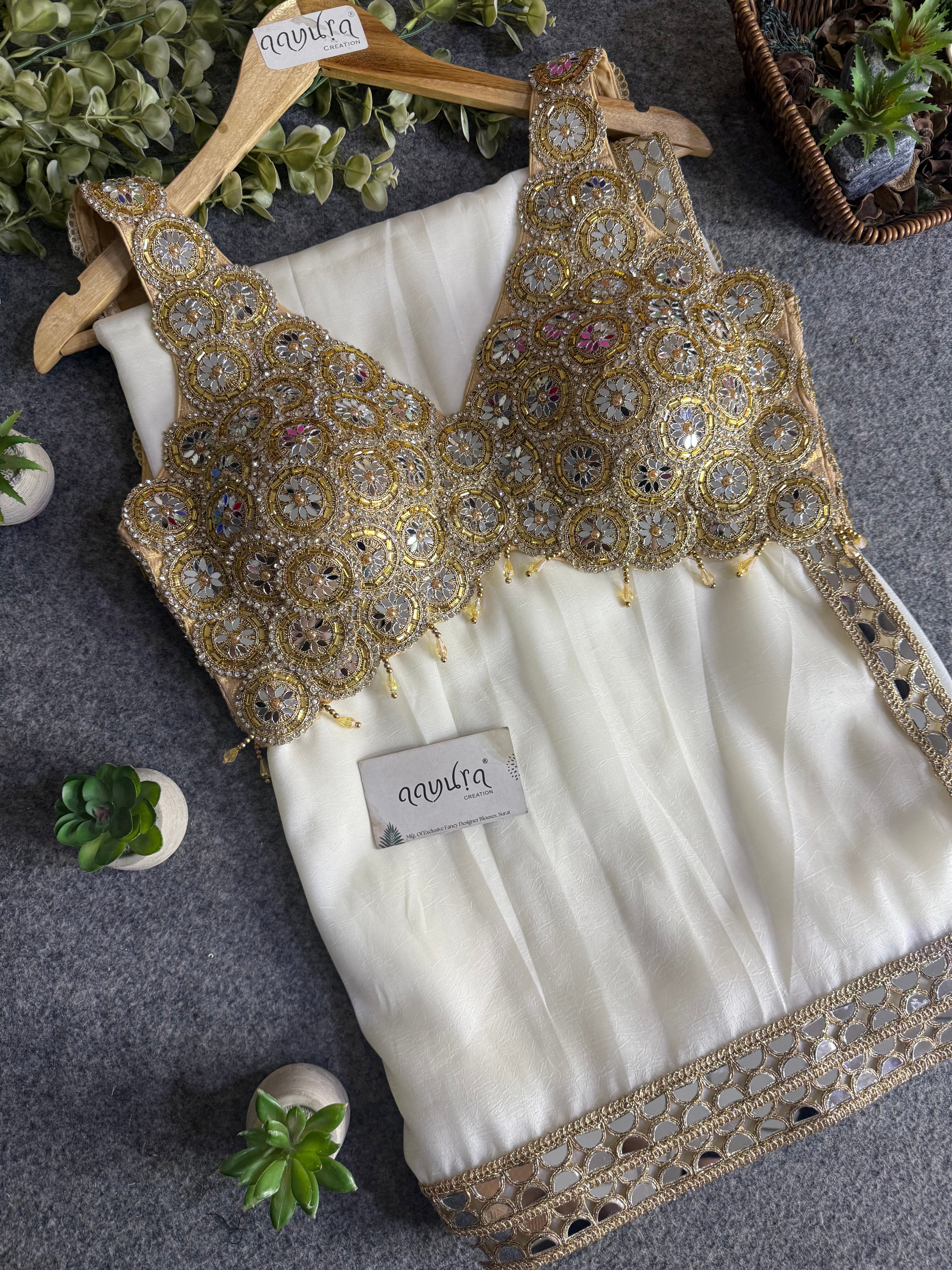 Luxury Beads & Mirror Silk Blouse Saree Combo