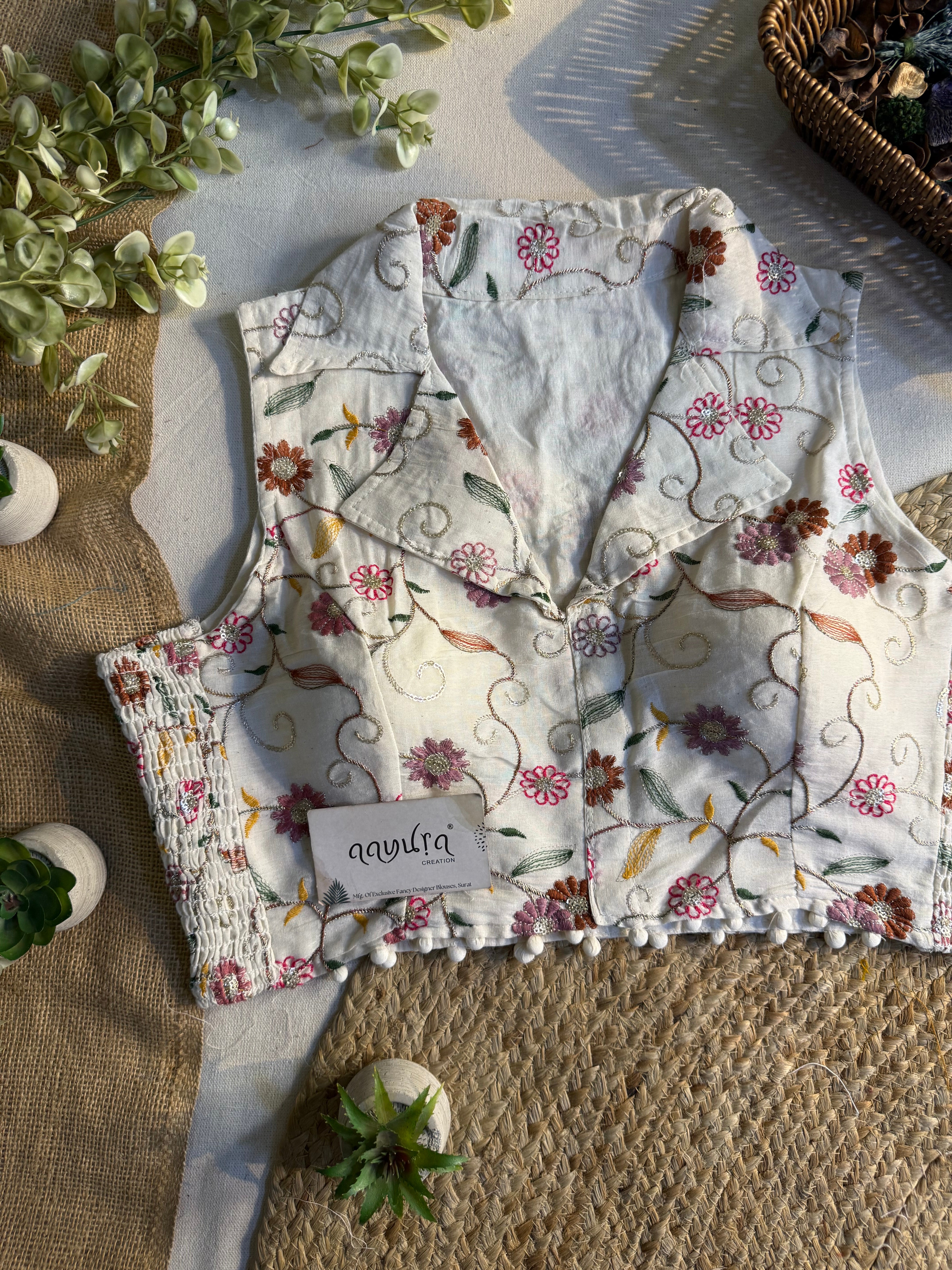 Classic Off-White Stretchable Embroidery Blouse