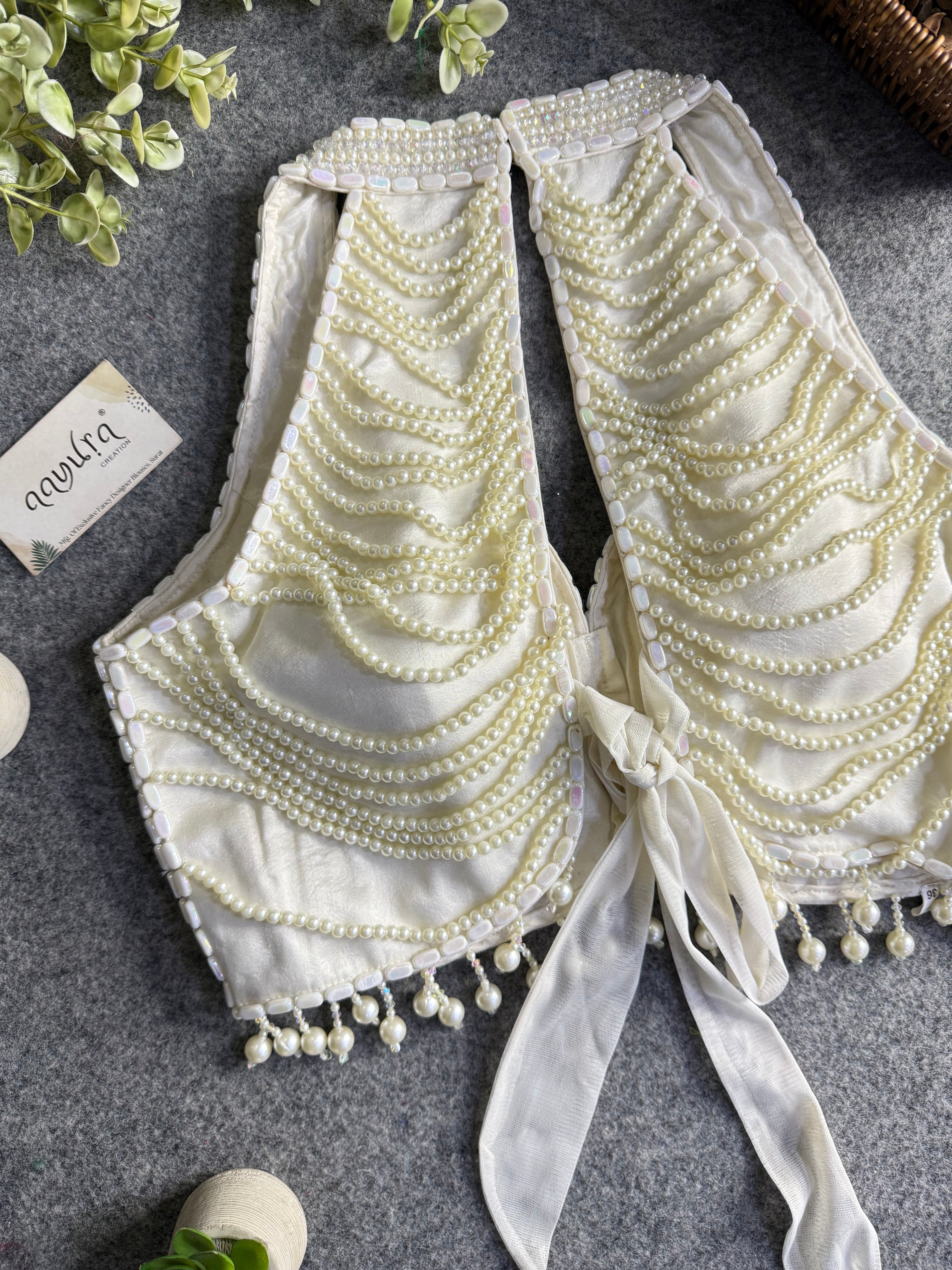 Heavy Pearl Handworked Back-Tie Designer Blouse
