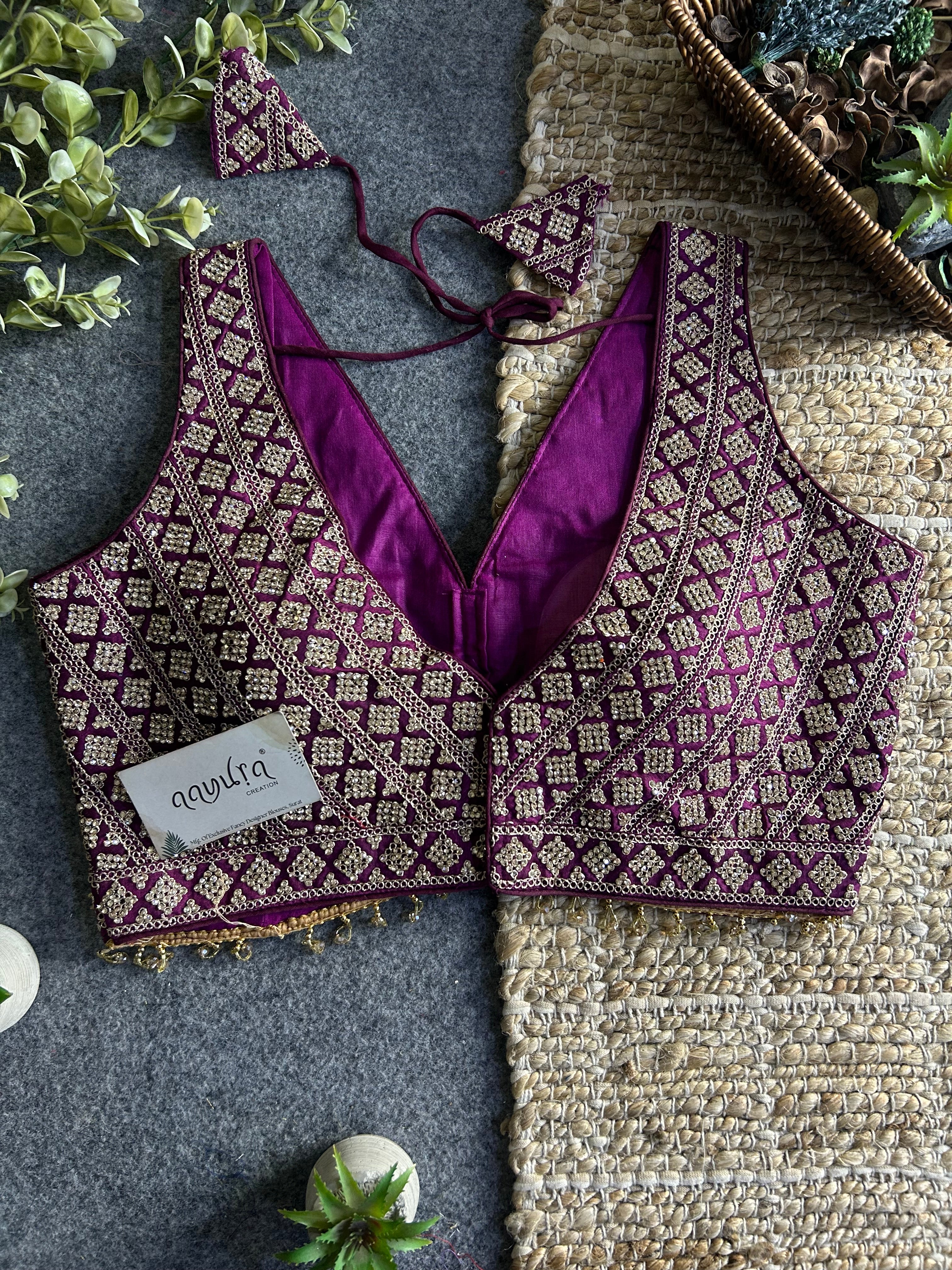 Heavy Stone Work Designer V-Neck Lace Blouse
