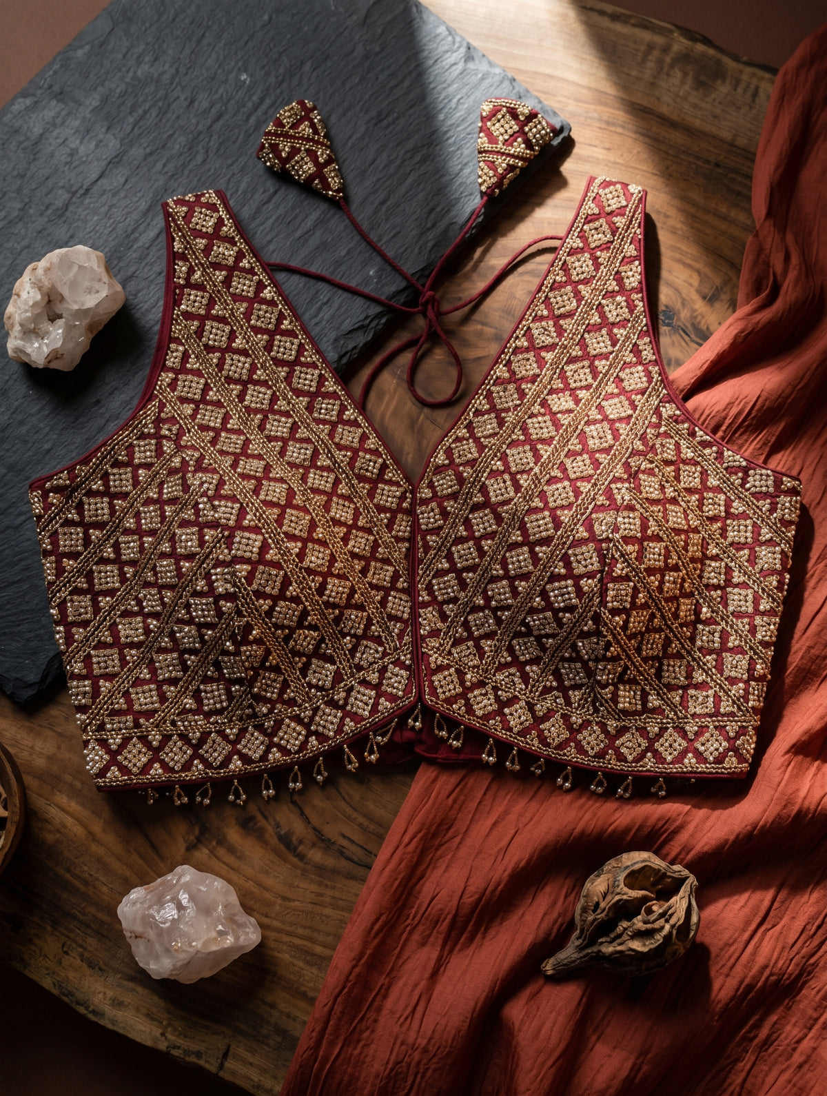 Heavy Stone Work Designer V-Neck Lace Blouse