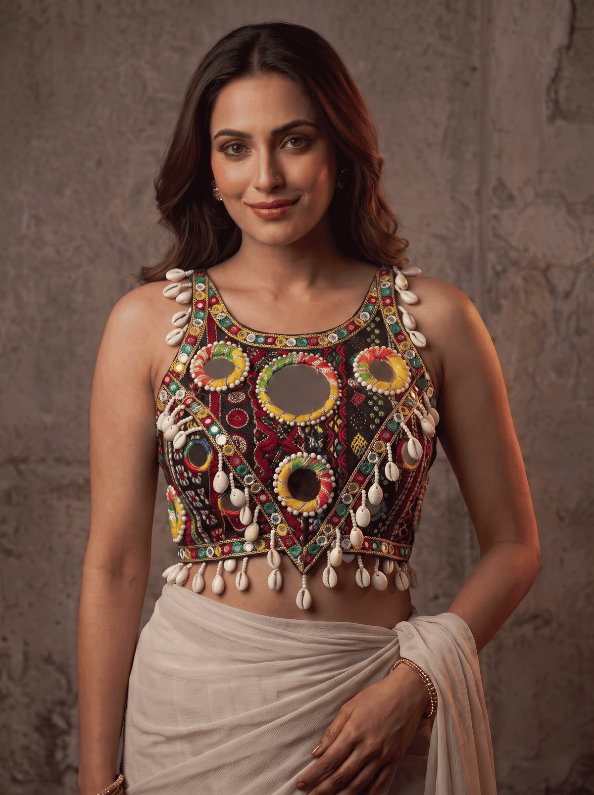Navratna Mirror & Shell Halter Neck Blouse