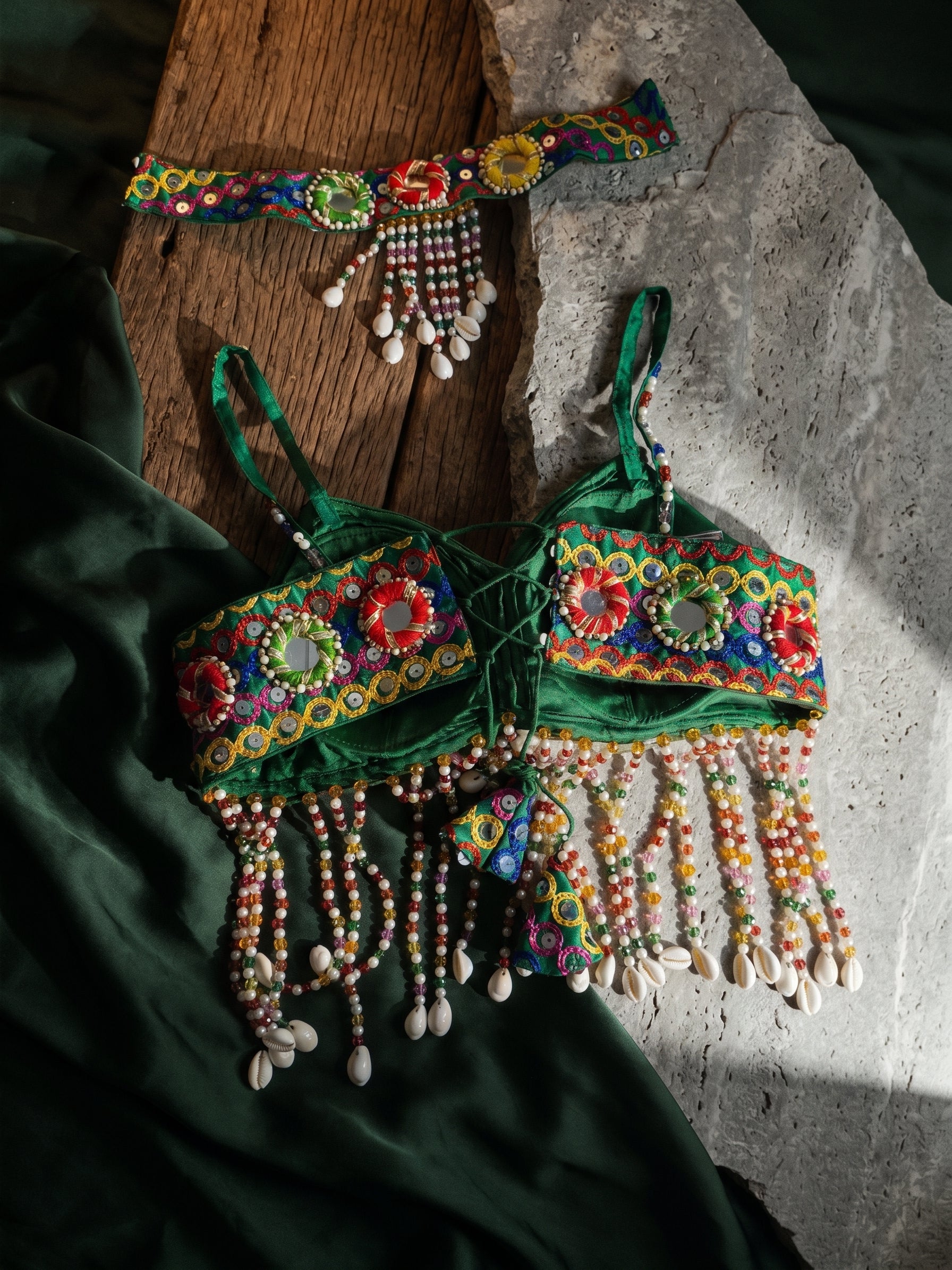 Navratri Special Mirror Pearl Blouse with Necklace