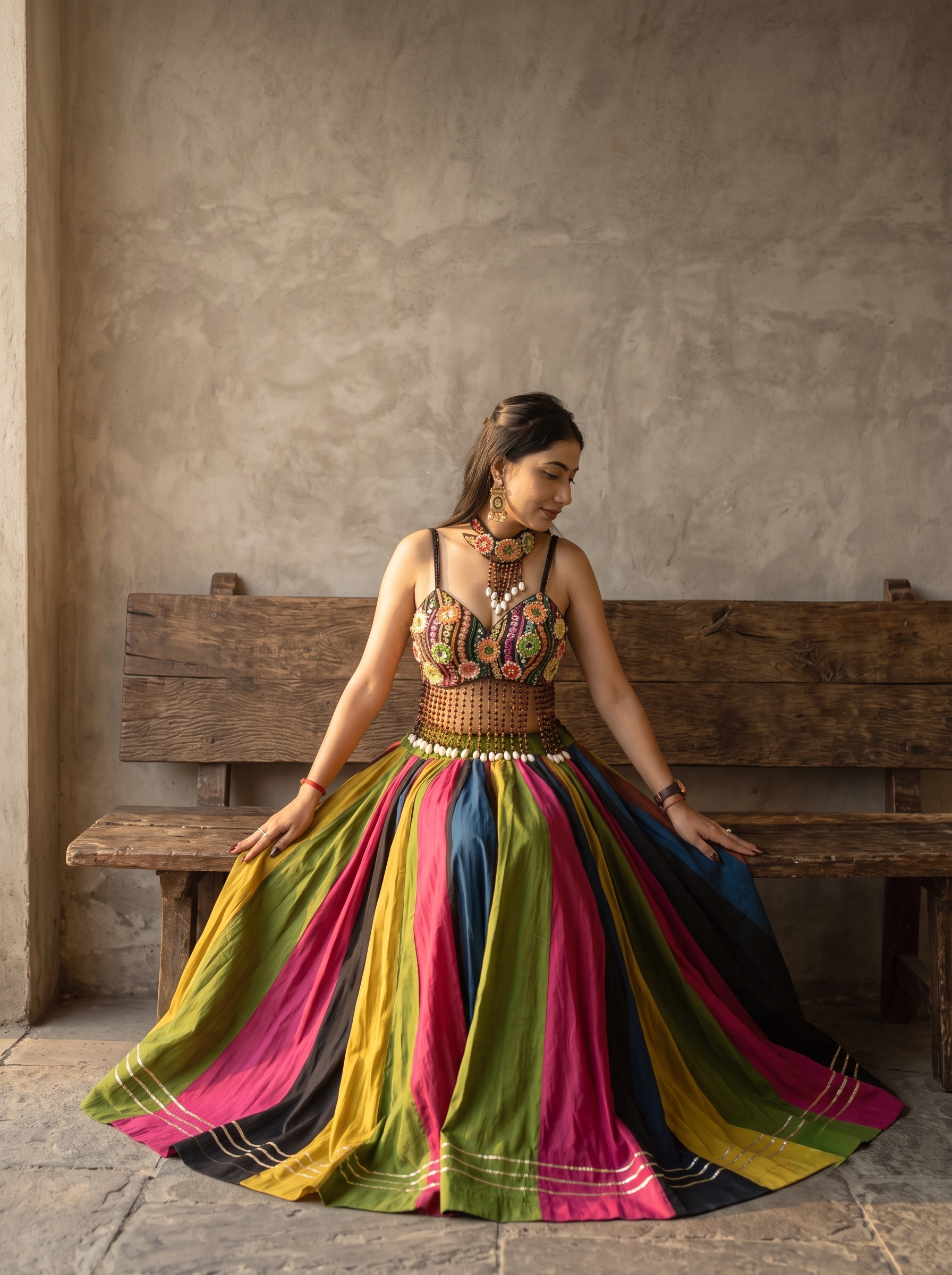 Satrangi Roman Silk Lehenga
