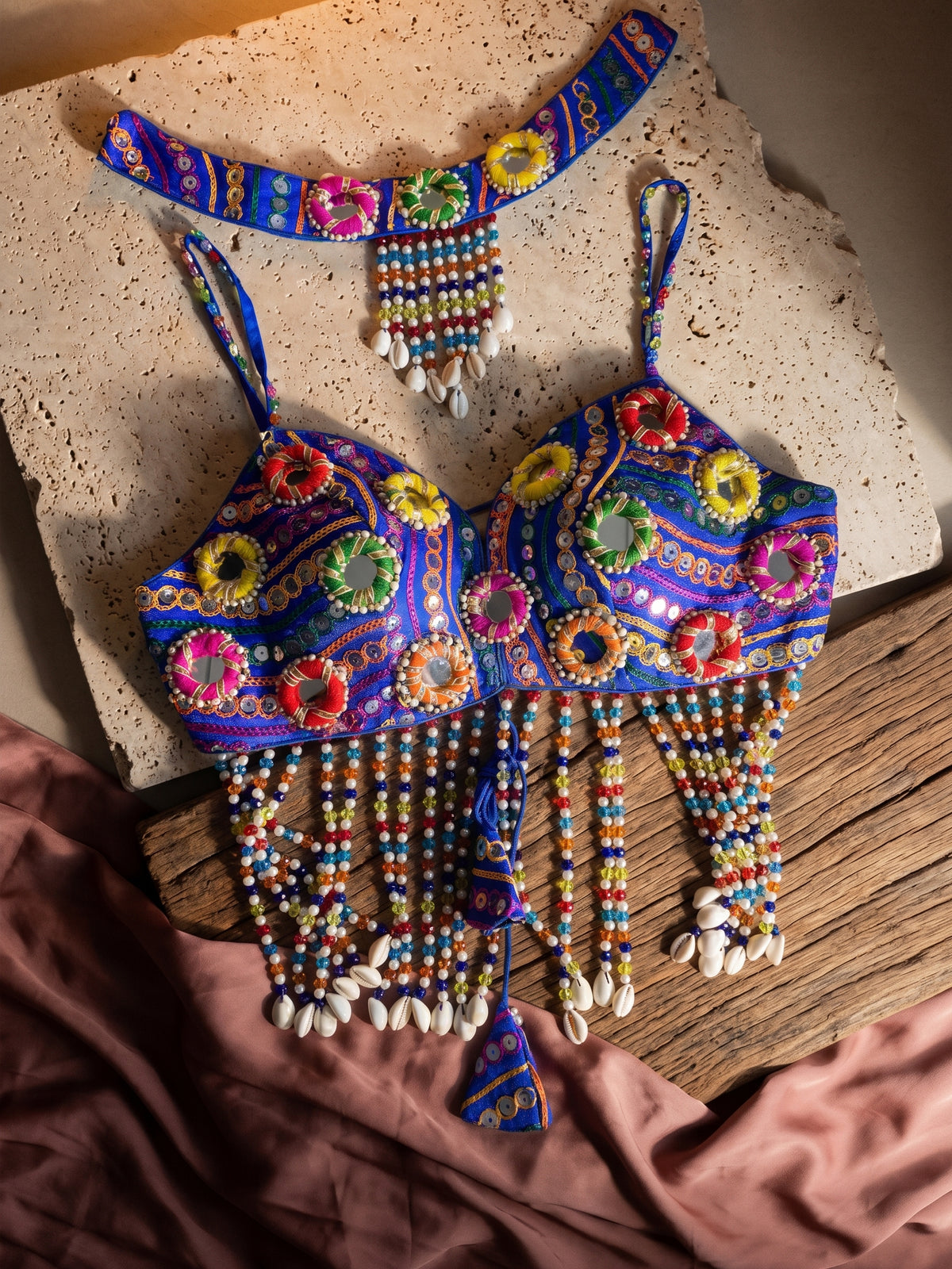 Navratri Special Mirror Pearl Blouse with Necklace