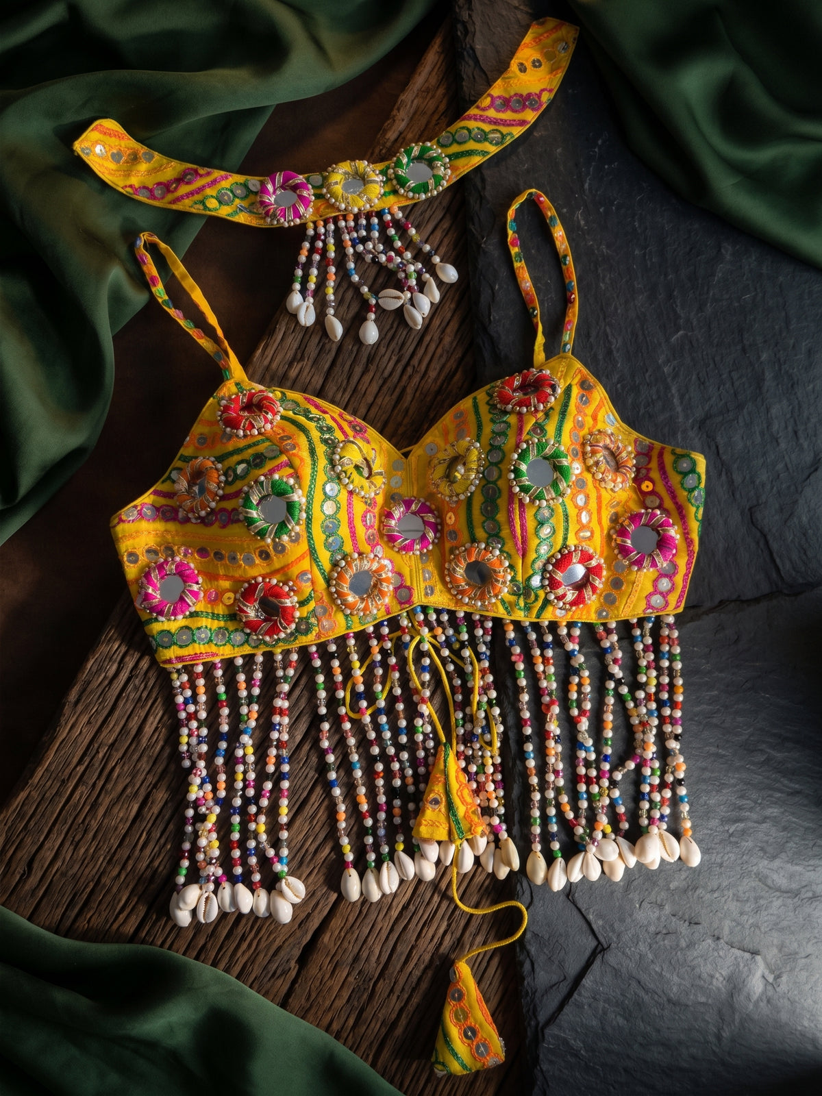 Navratri Special Mirror Pearl Blouse with Necklace