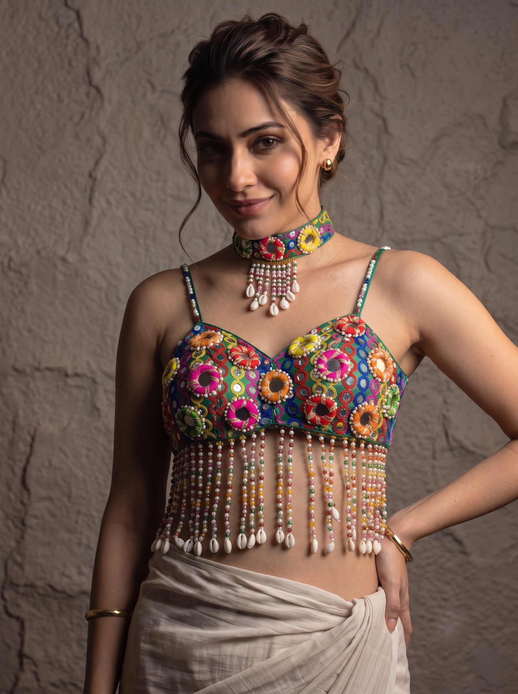 Navratri Special Mirror Pearl Blouse with Necklace