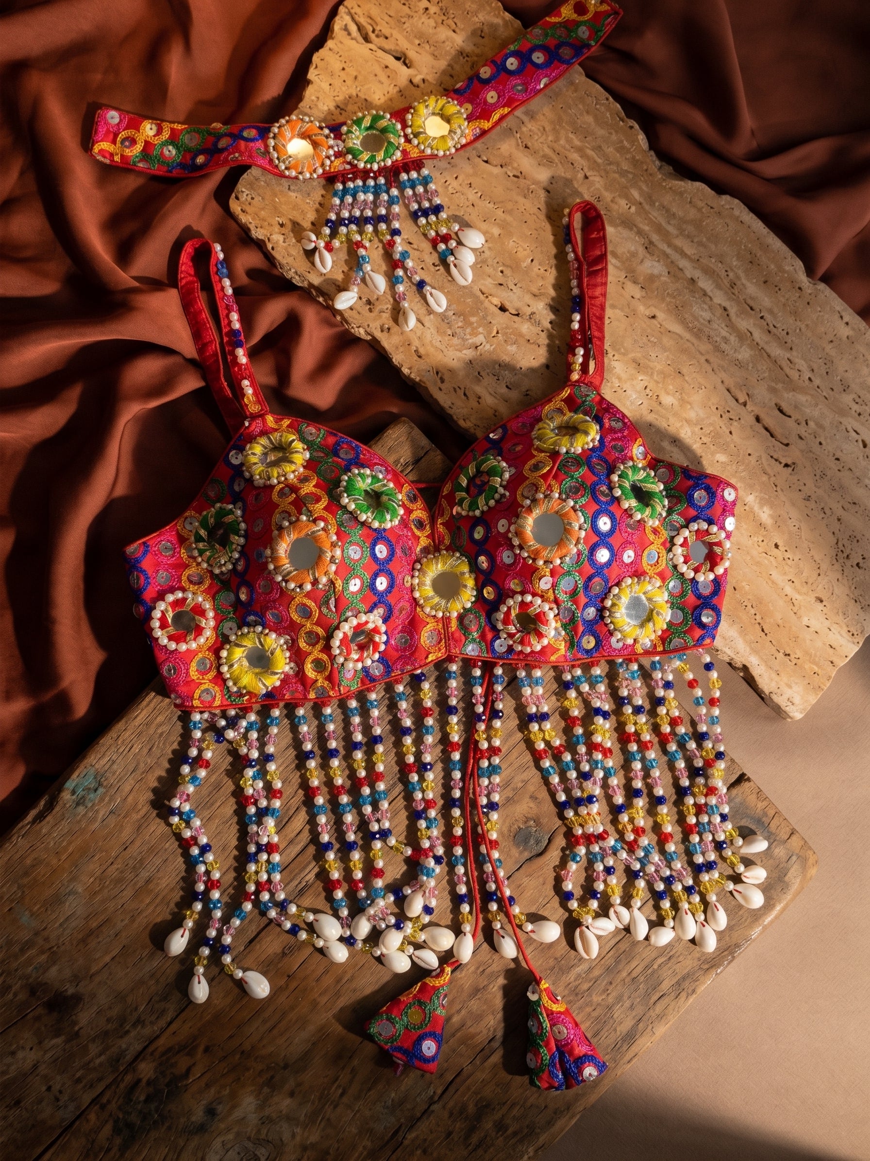 Navratri Special Mirror Pearl Blouse with Necklace