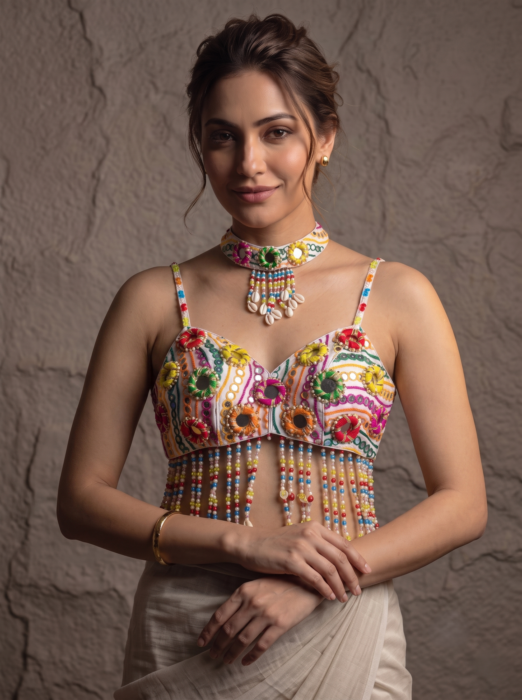 Navratri Special Mirror Pearl Blouse with Necklace