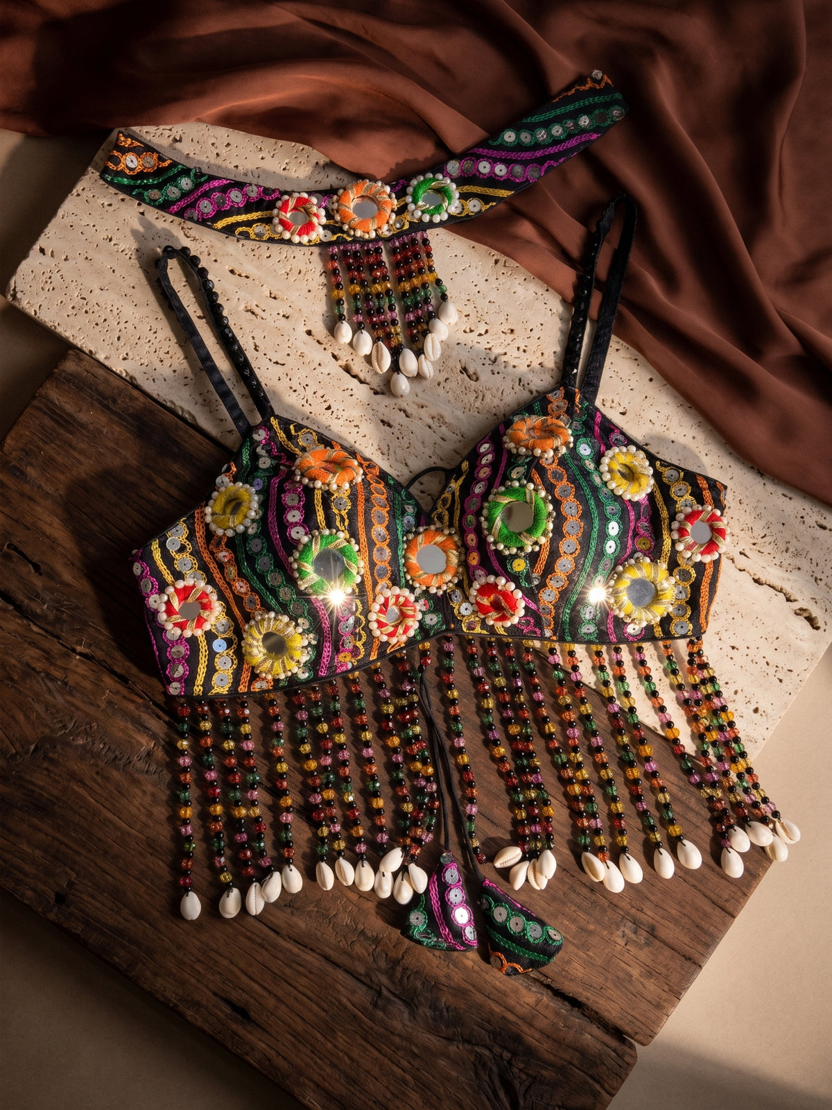 Navratri Special Mirror Pearl Blouse with Necklace