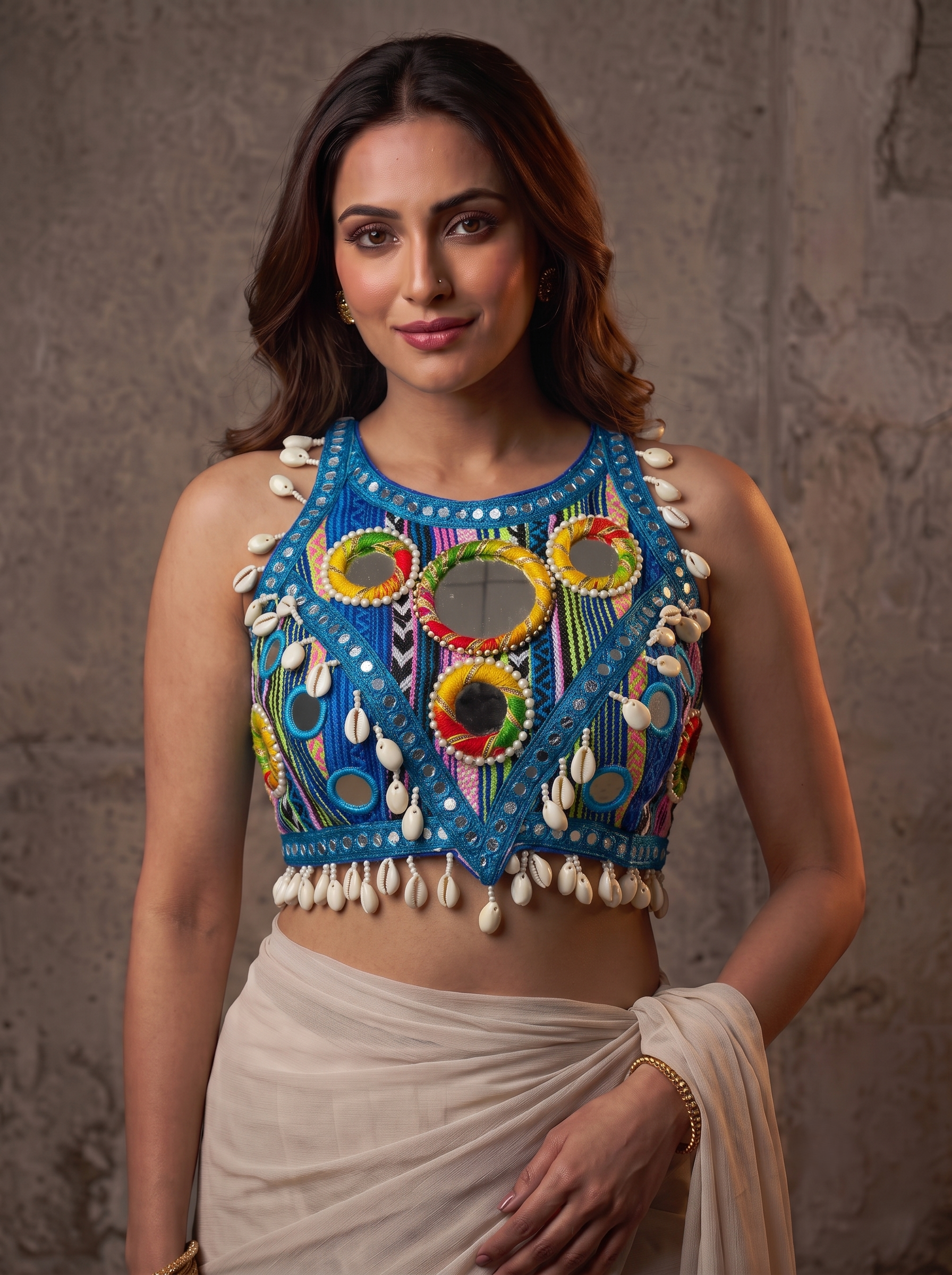 Navratna Mirror & Shell Halter Neck Blouse