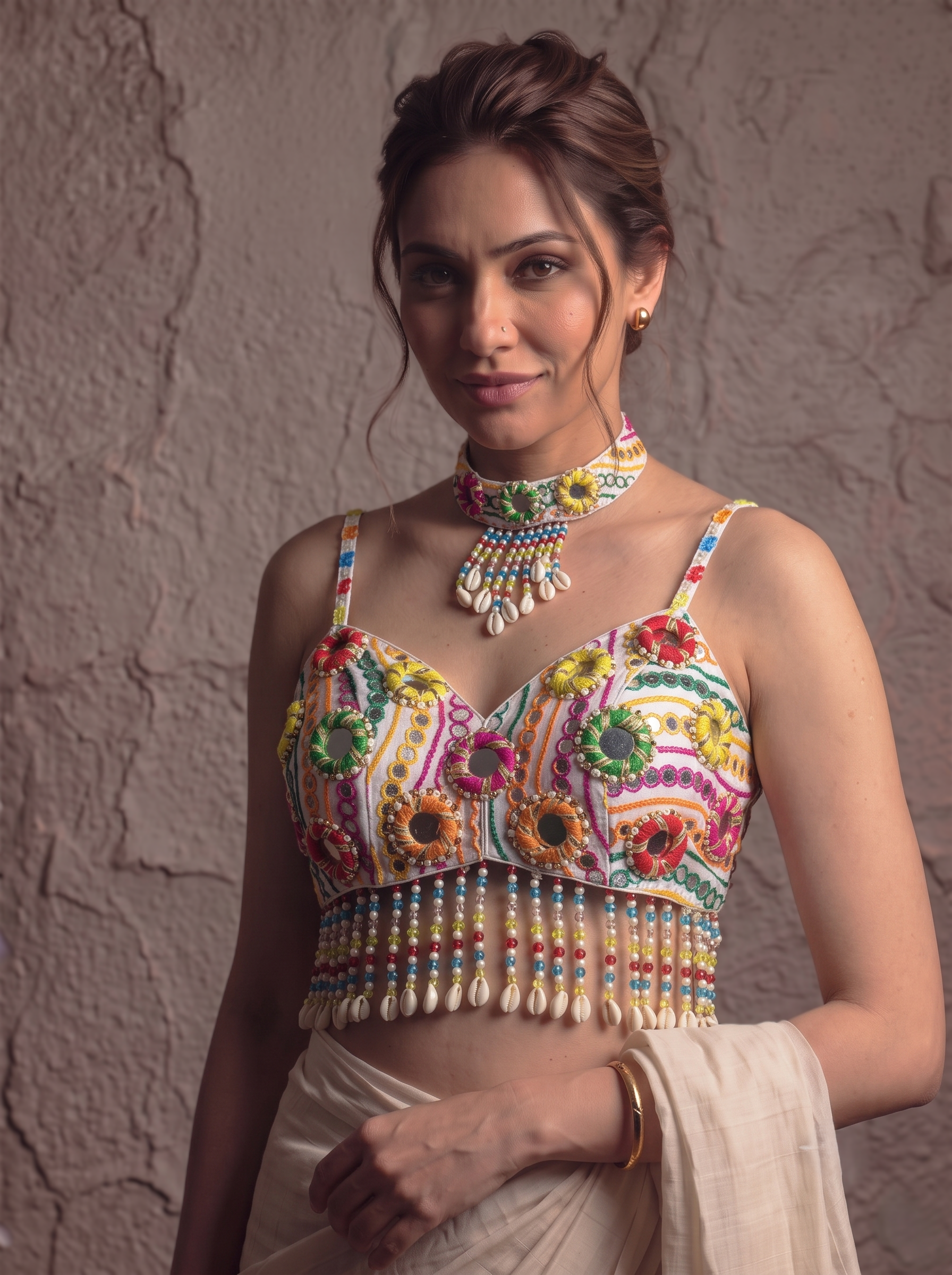 Navratri Special Mirror Pearl Blouse with Necklace