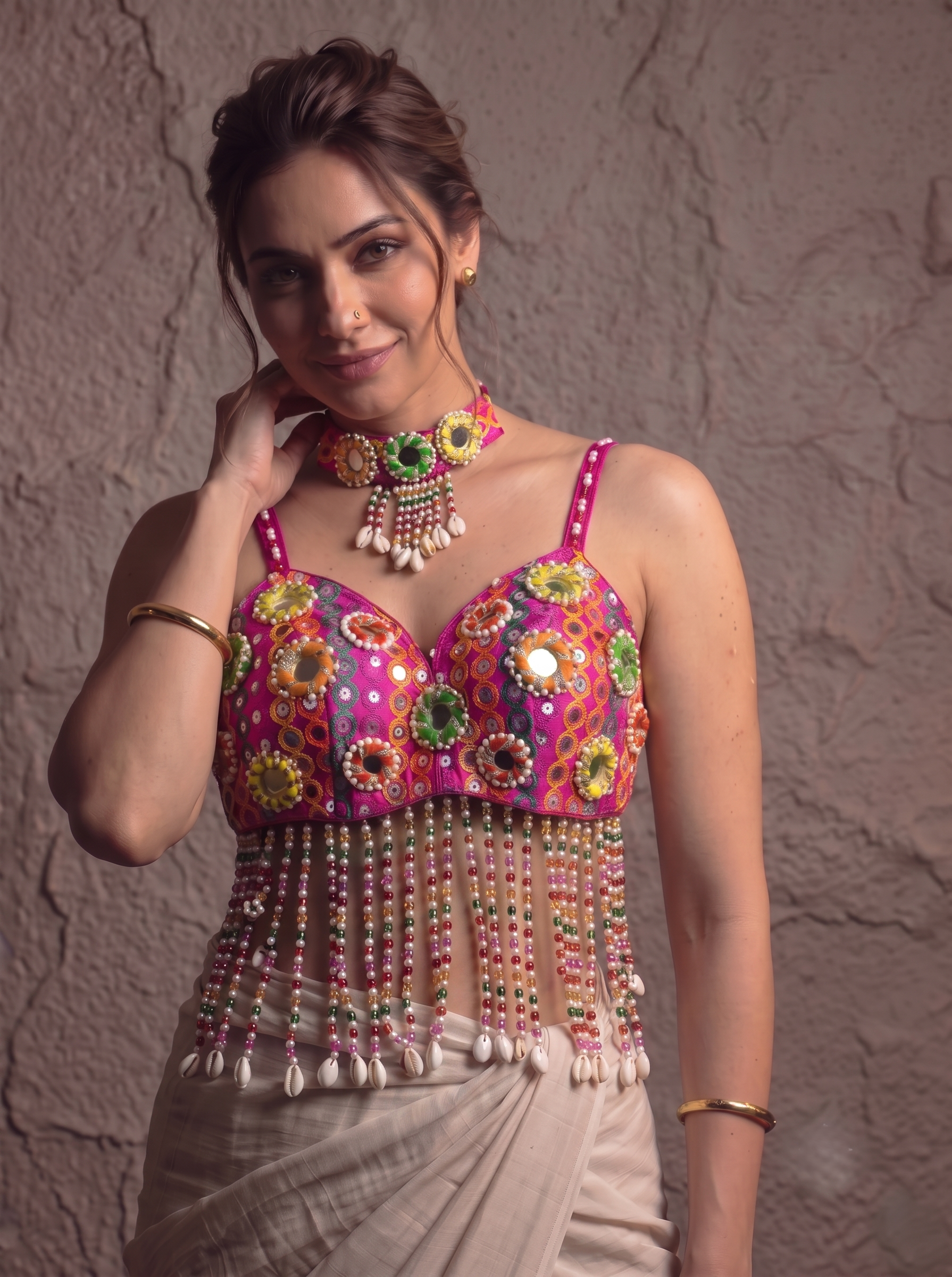 Navratri Special Mirror Pearl Blouse with Necklace
