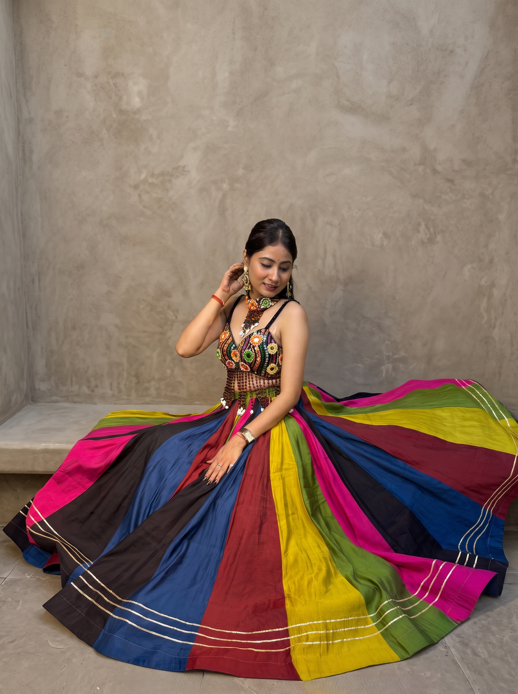 Satrangi Roman Silk Lehenga