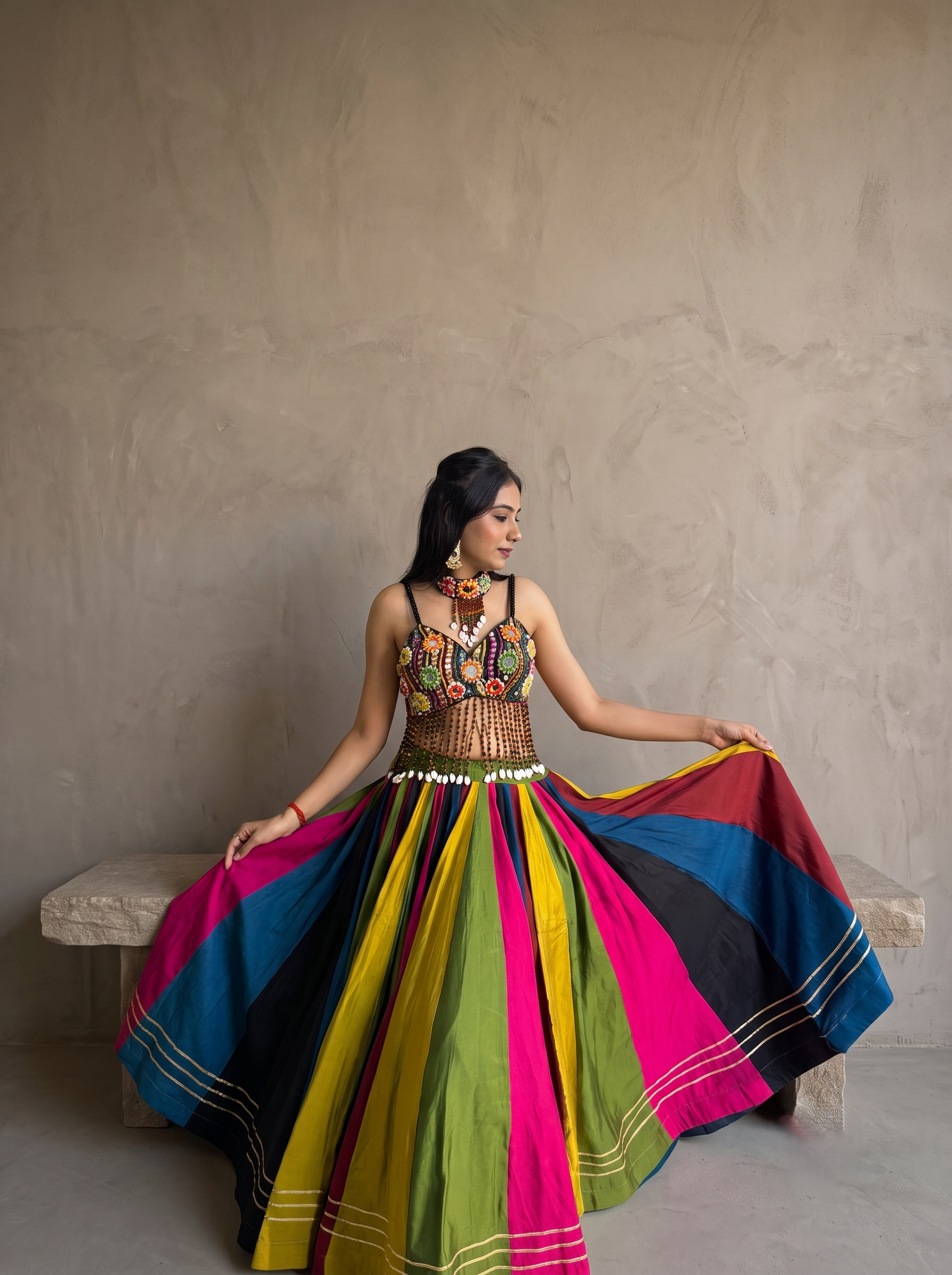 Satrangi Roman Silk Lehenga