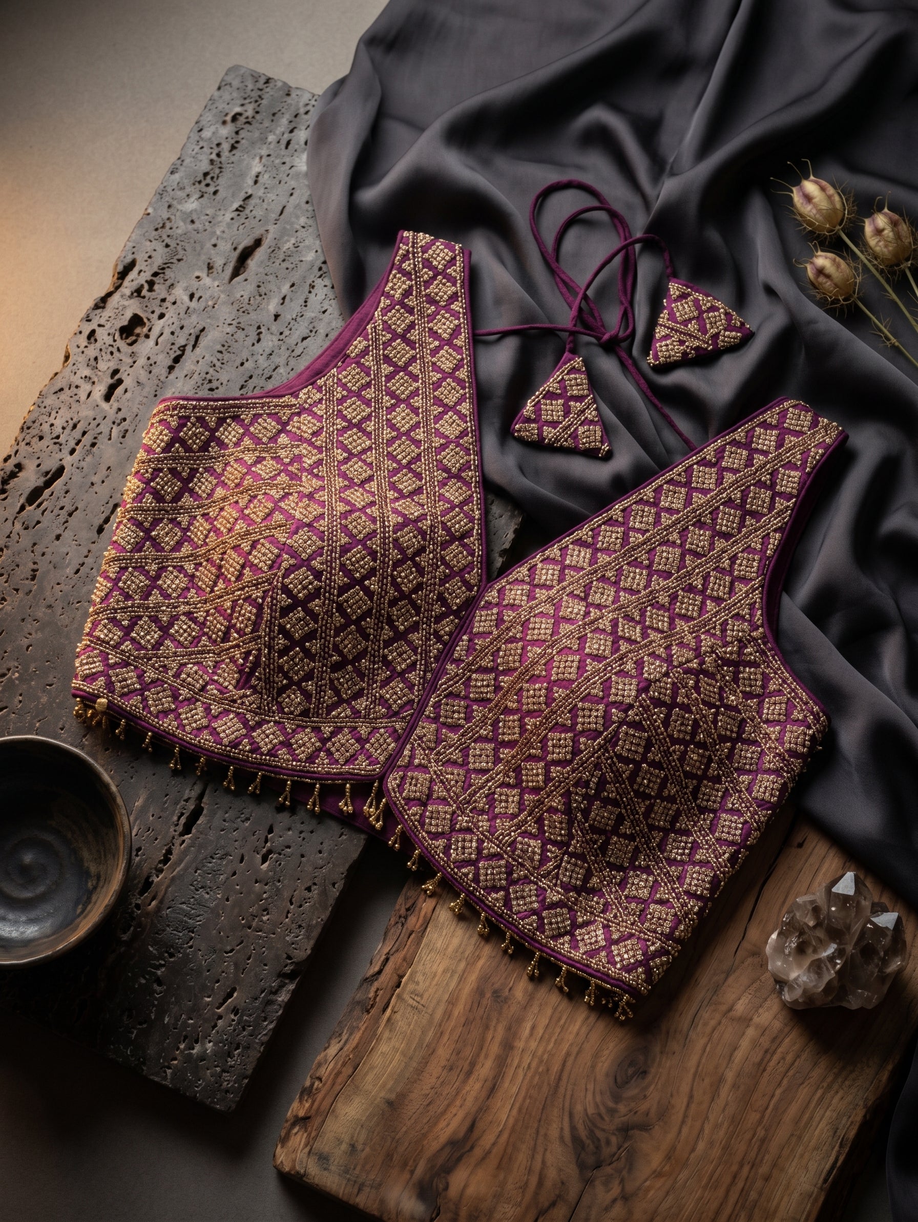 Heavy Stone Work Designer V-Neck Lace Blouse