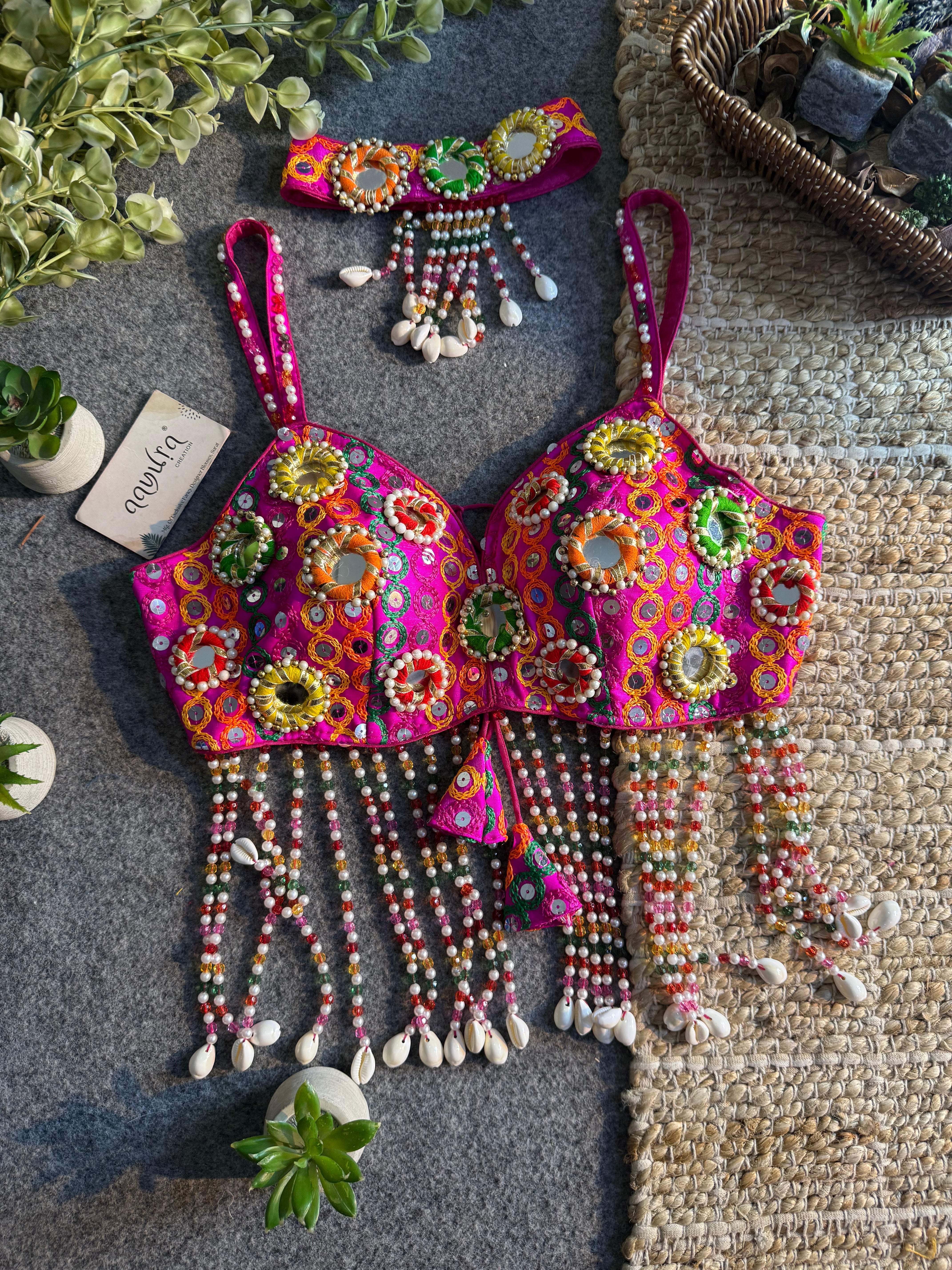 Navratri Special Mirror Pearl Blouse with Necklace