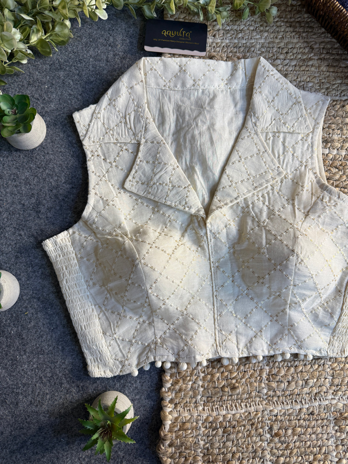 Classic Off-White Stretchable Embroidery Blouse