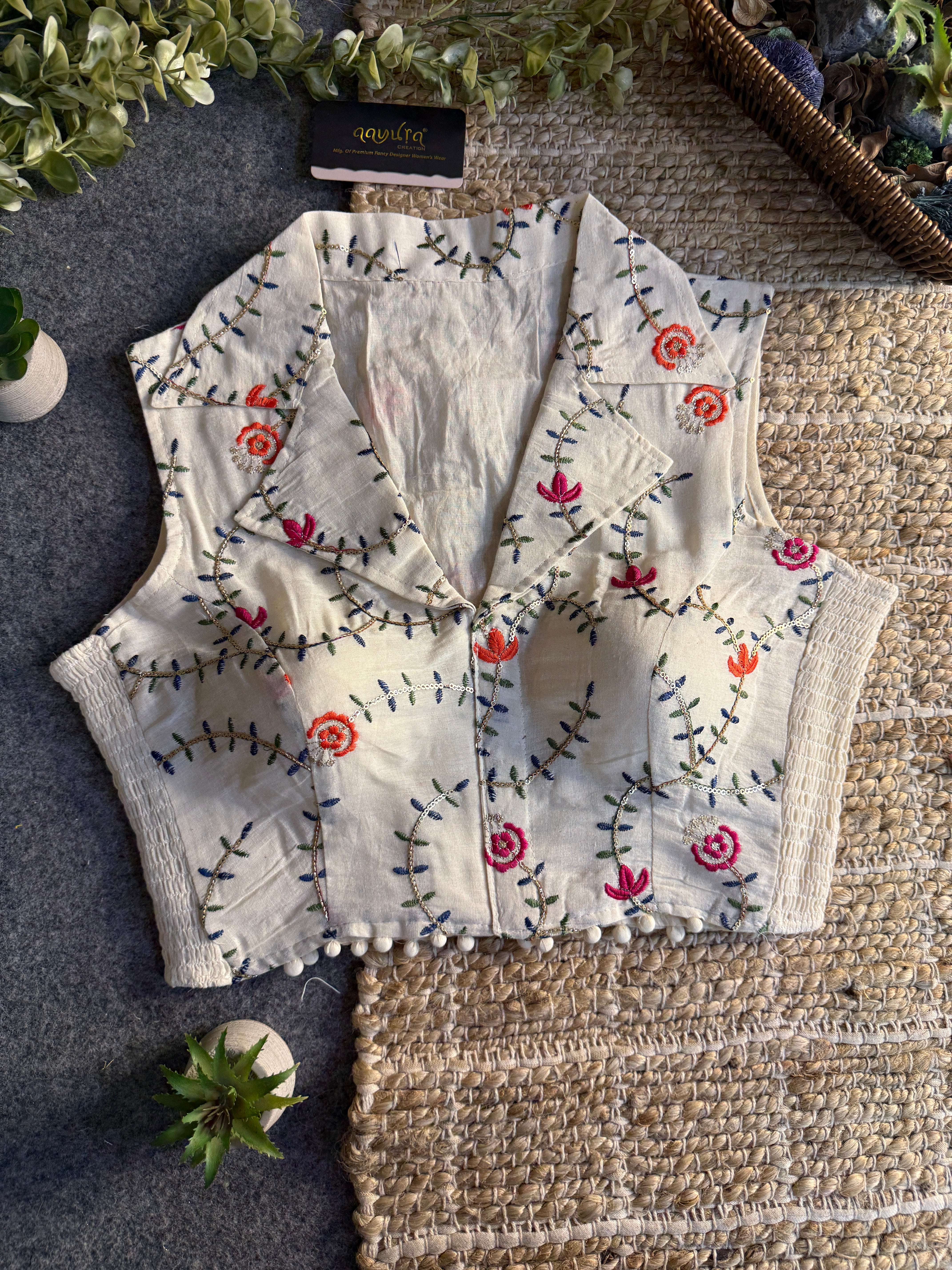 Classic Off-White Stretchable Embroidery Blouse
