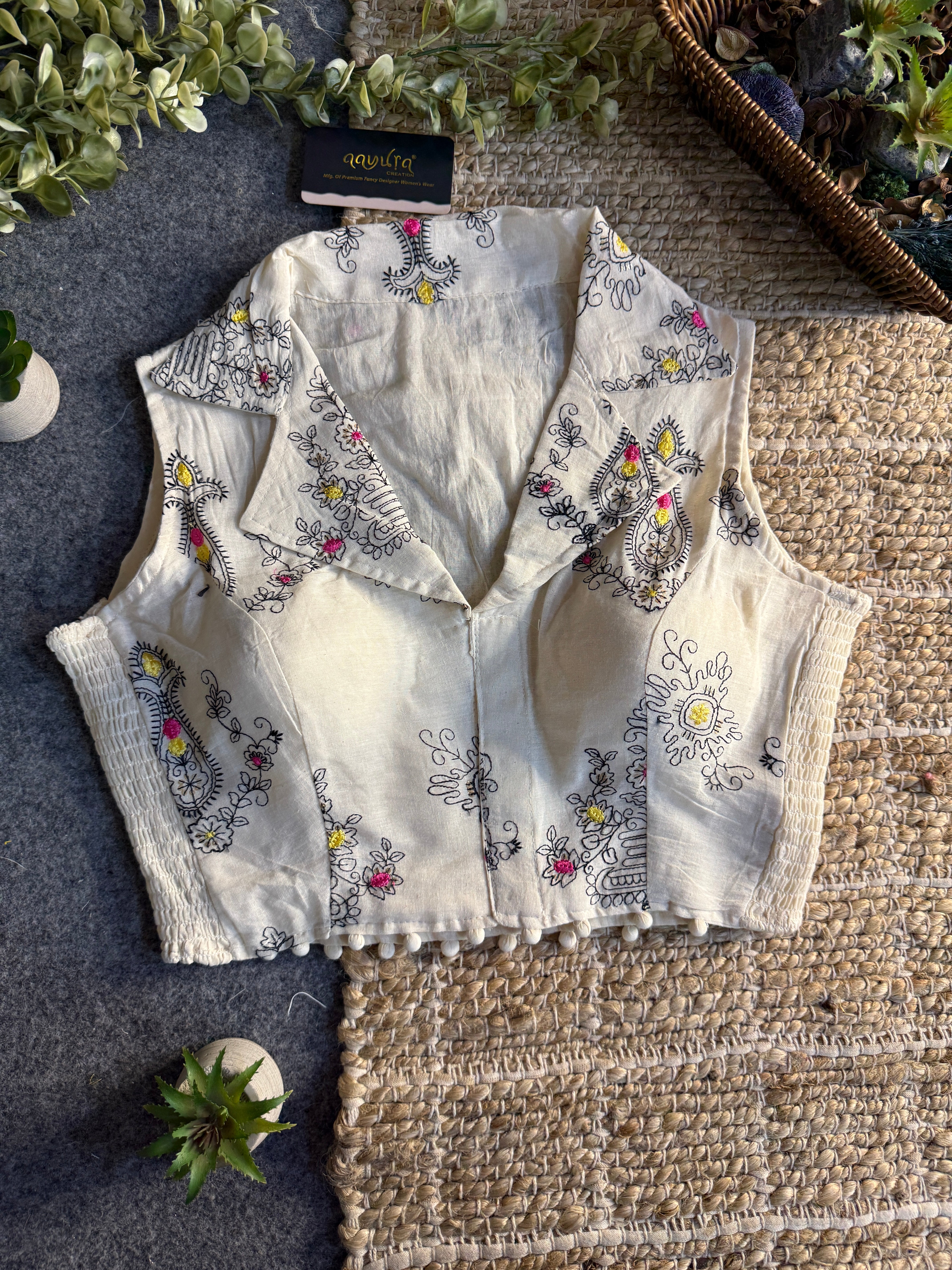 Classic Off-White Stretchable Embroidery Blouse