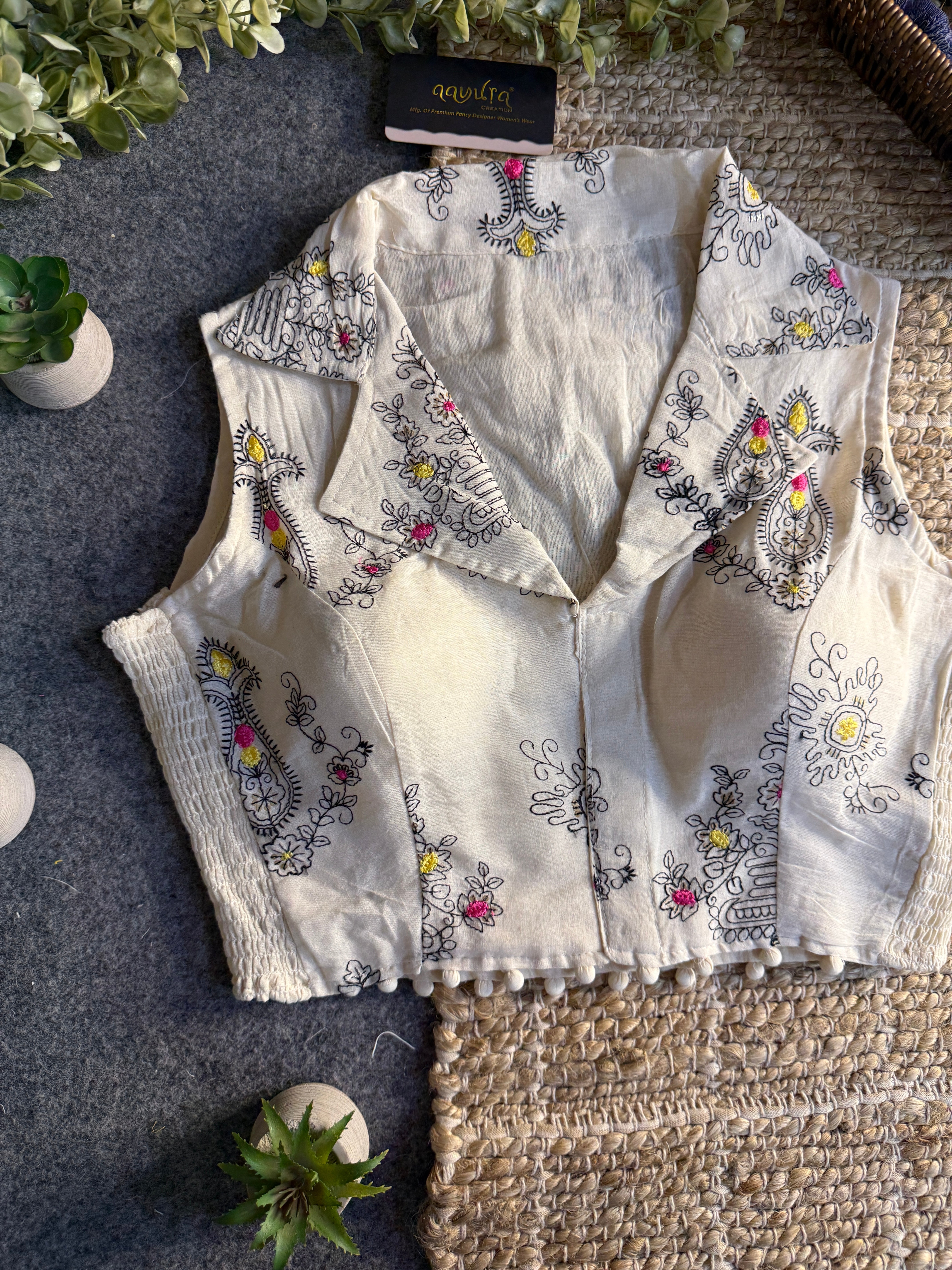 Classic Off-White Stretchable Embroidery Blouse