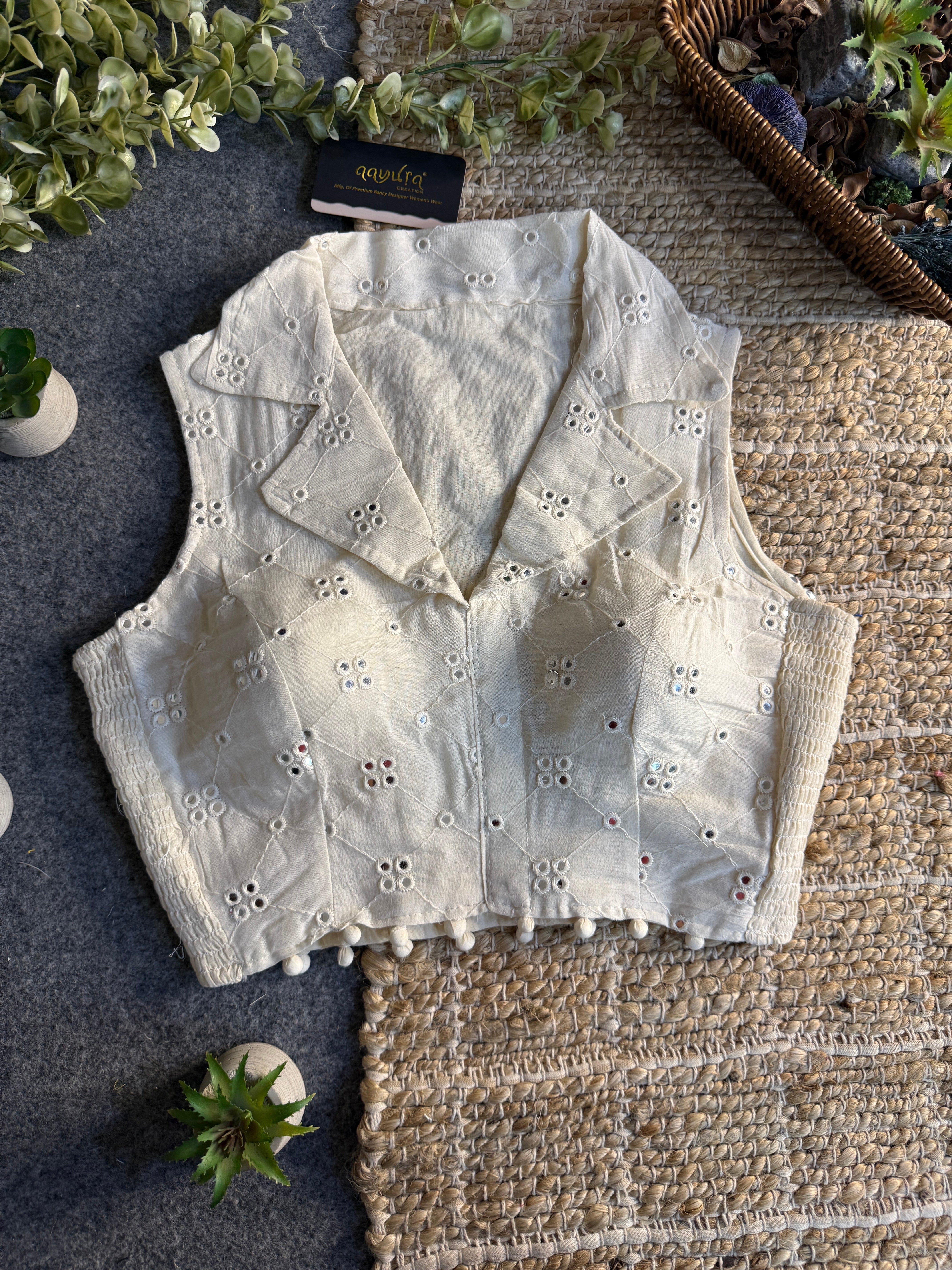 Classic Off-White Stretchable Embroidery Blouse