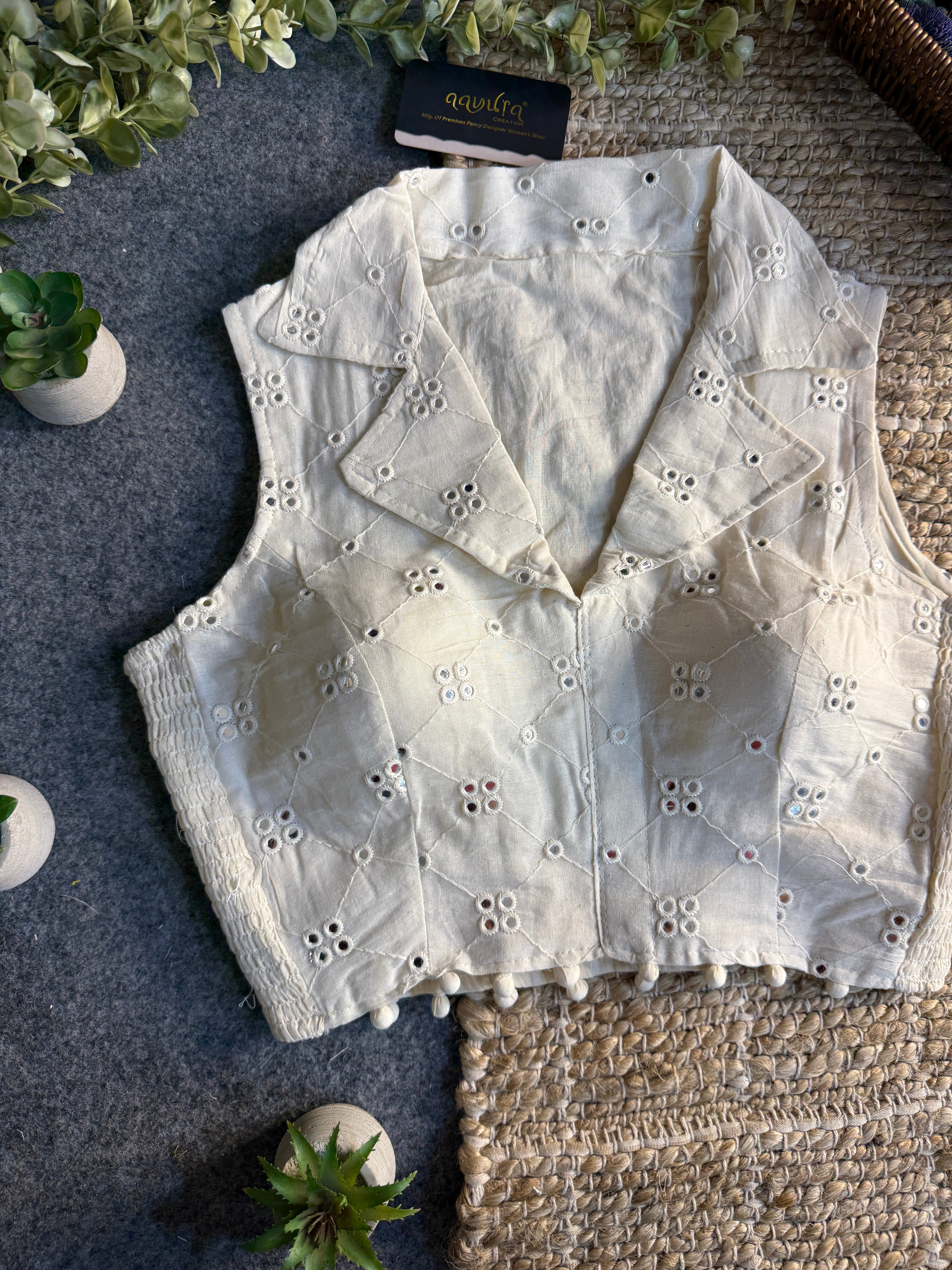 Classic Off-White Stretchable Embroidery Blouse