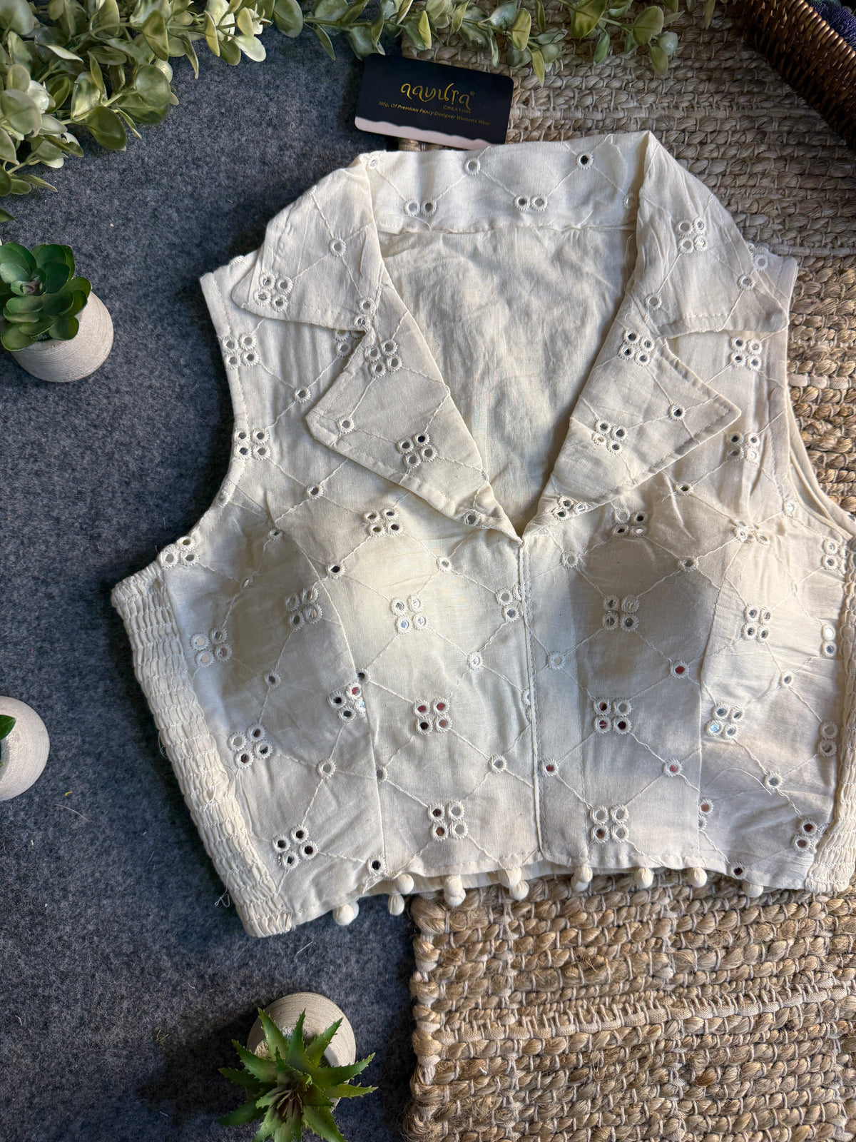 Classic Off-White Stretchable Embroidery Blouse