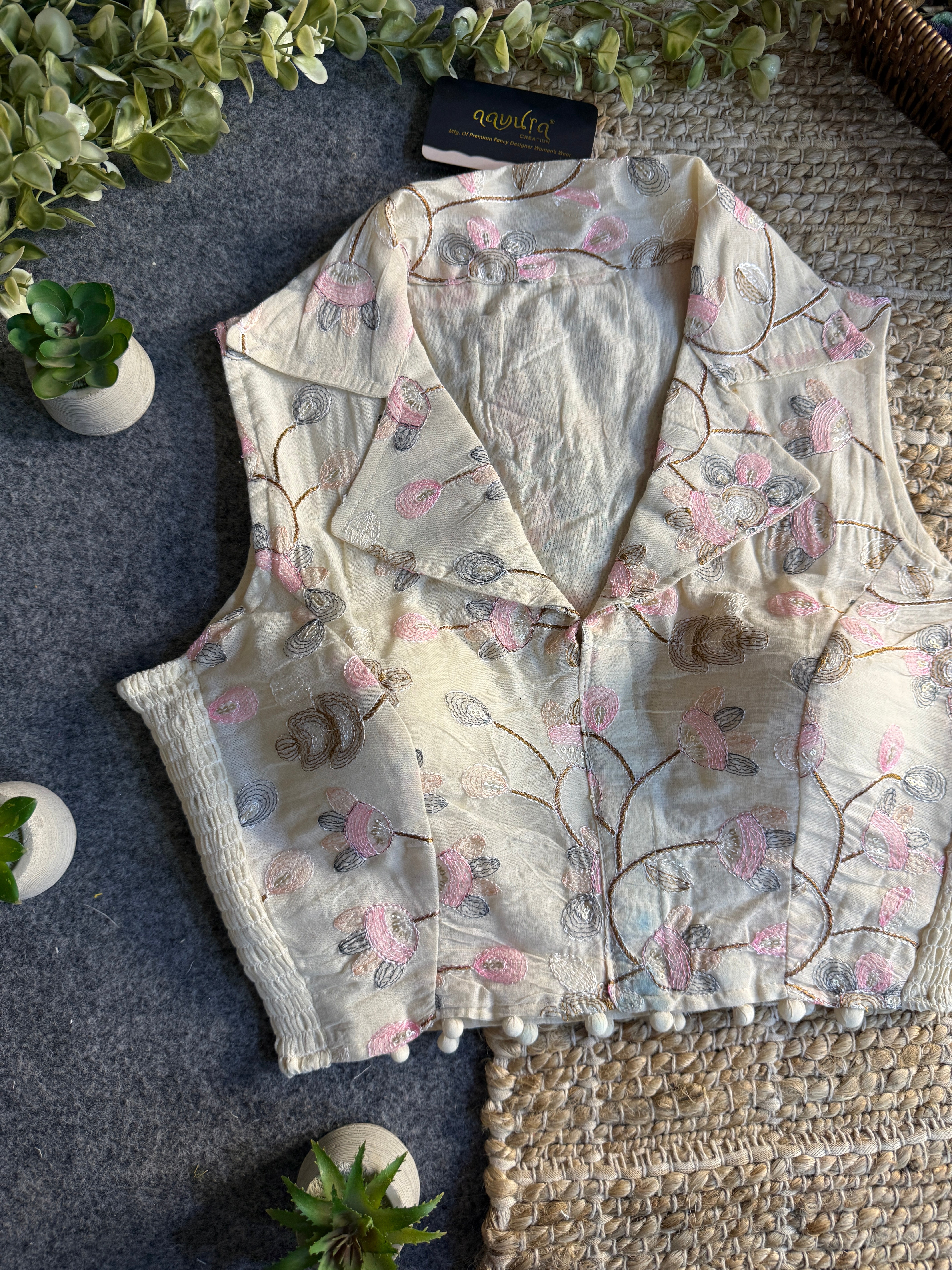 Classic Off-White Stretchable Embroidery Blouse