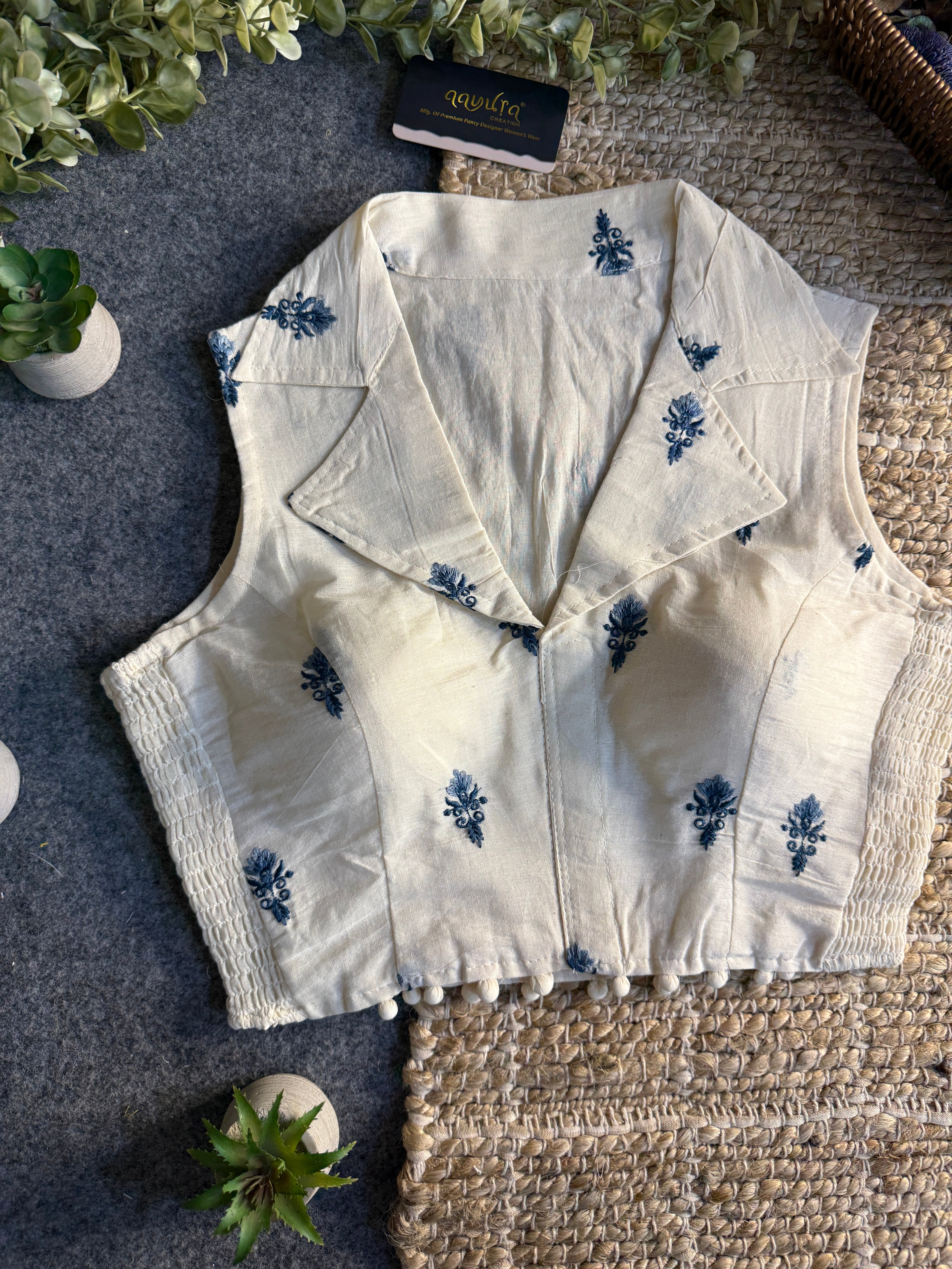 Classic Off-White Stretchable Embroidery Blouse