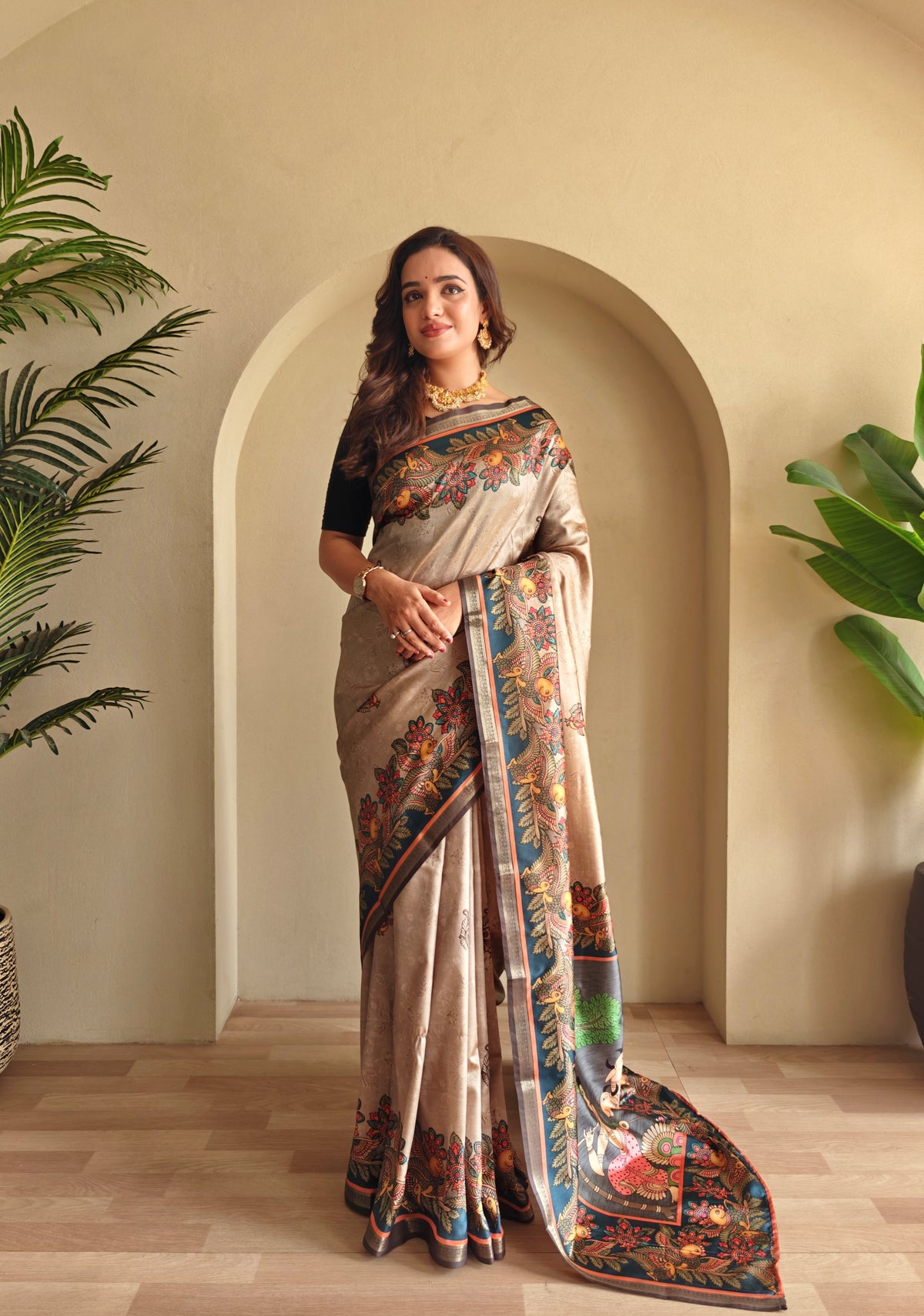 Gems Soft Silk Fusion Print Saree