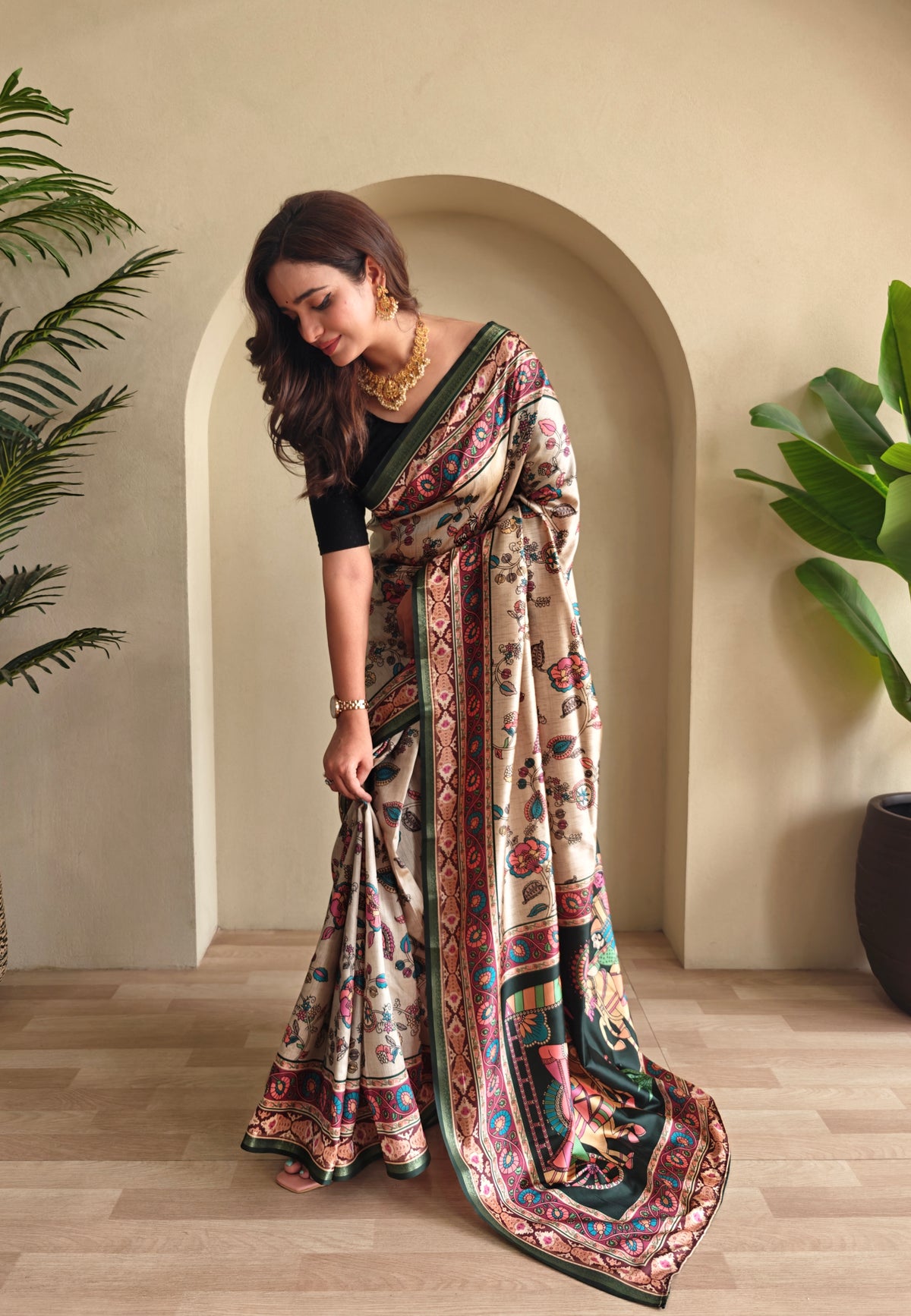 Gems Soft Silk Fusion Print Saree