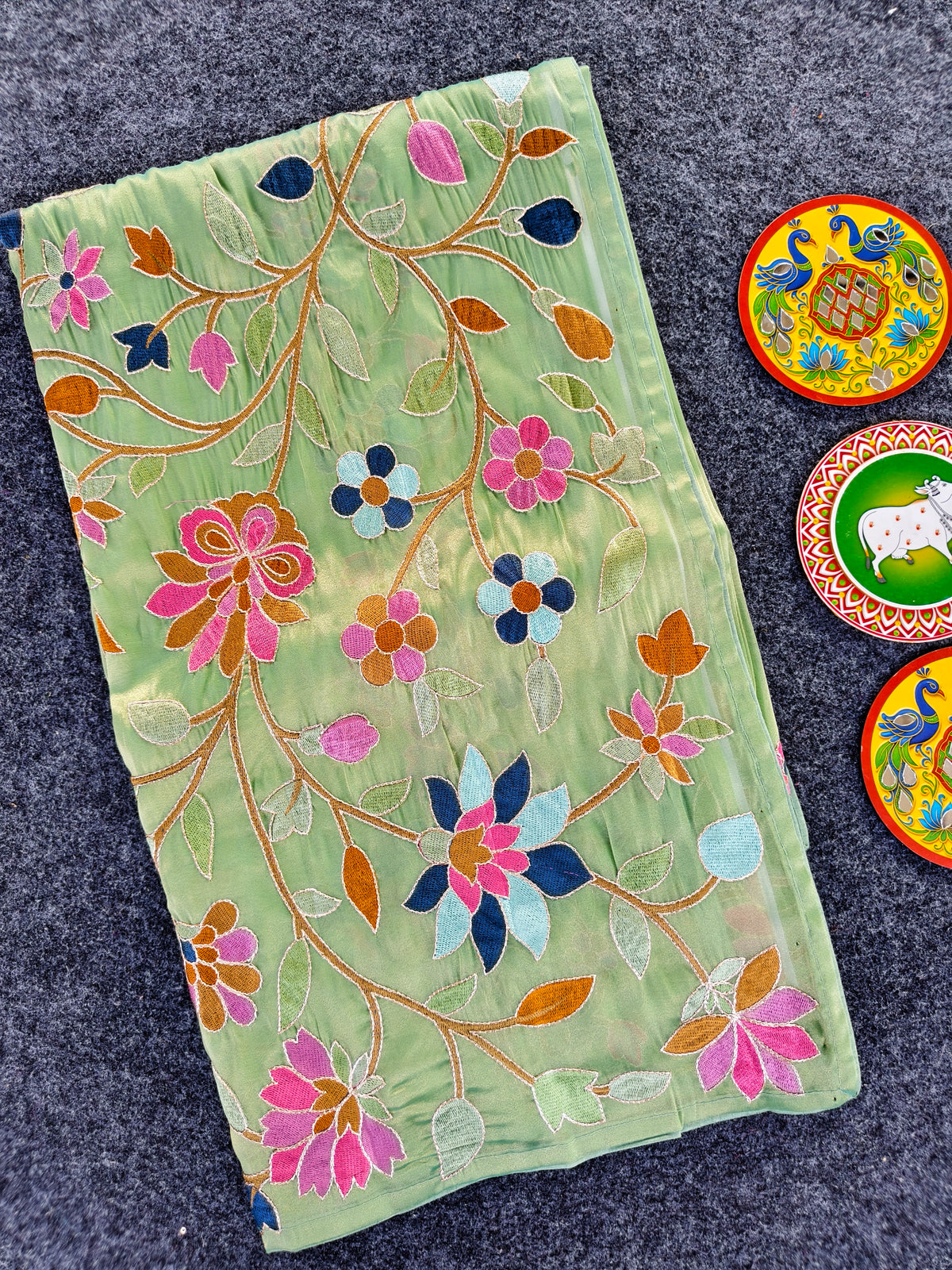 Apsara Floral Embroidered Tissue Silk Saree