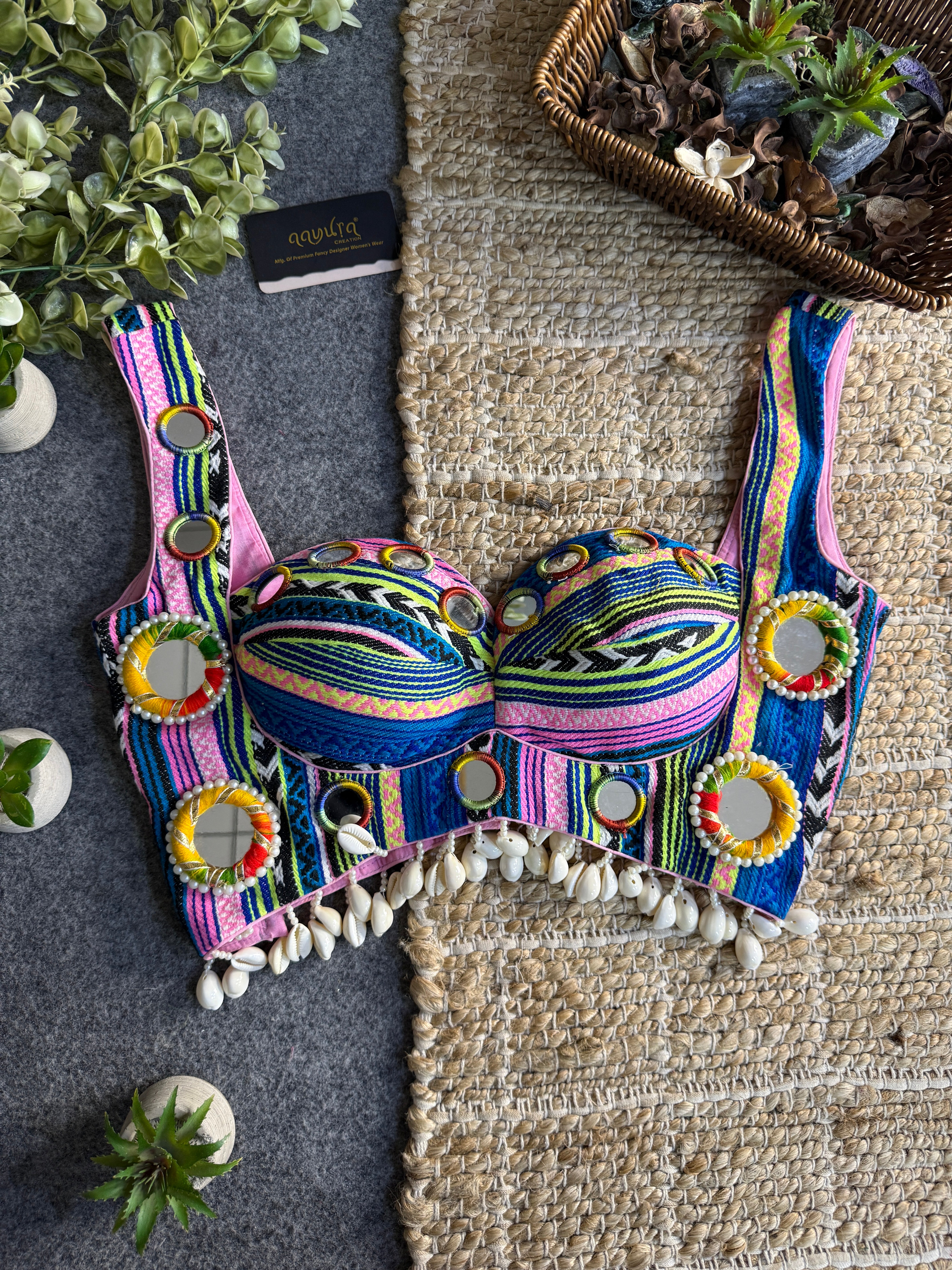 Navratna Mirror & Shell With Fancy Neckline Blouse