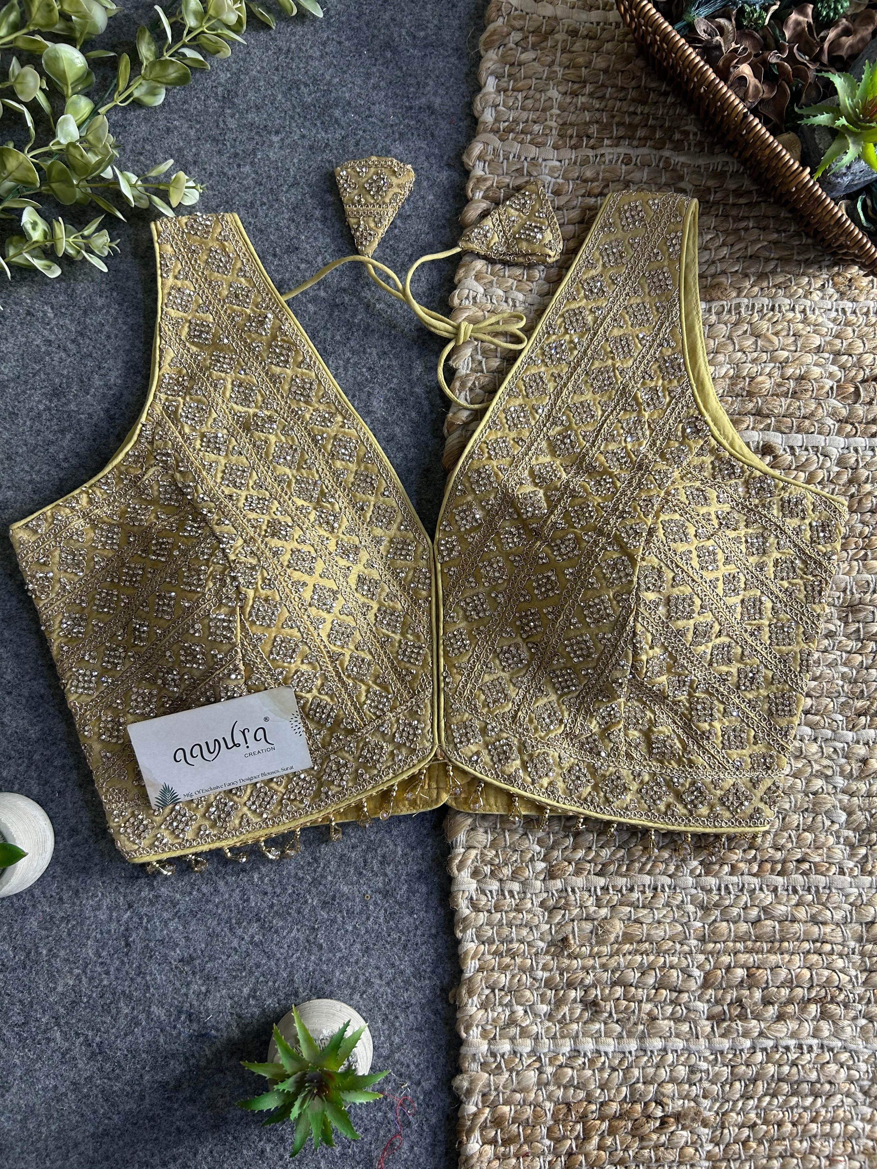 Heavy Stone Work Designer V-Neck Lace Blouse