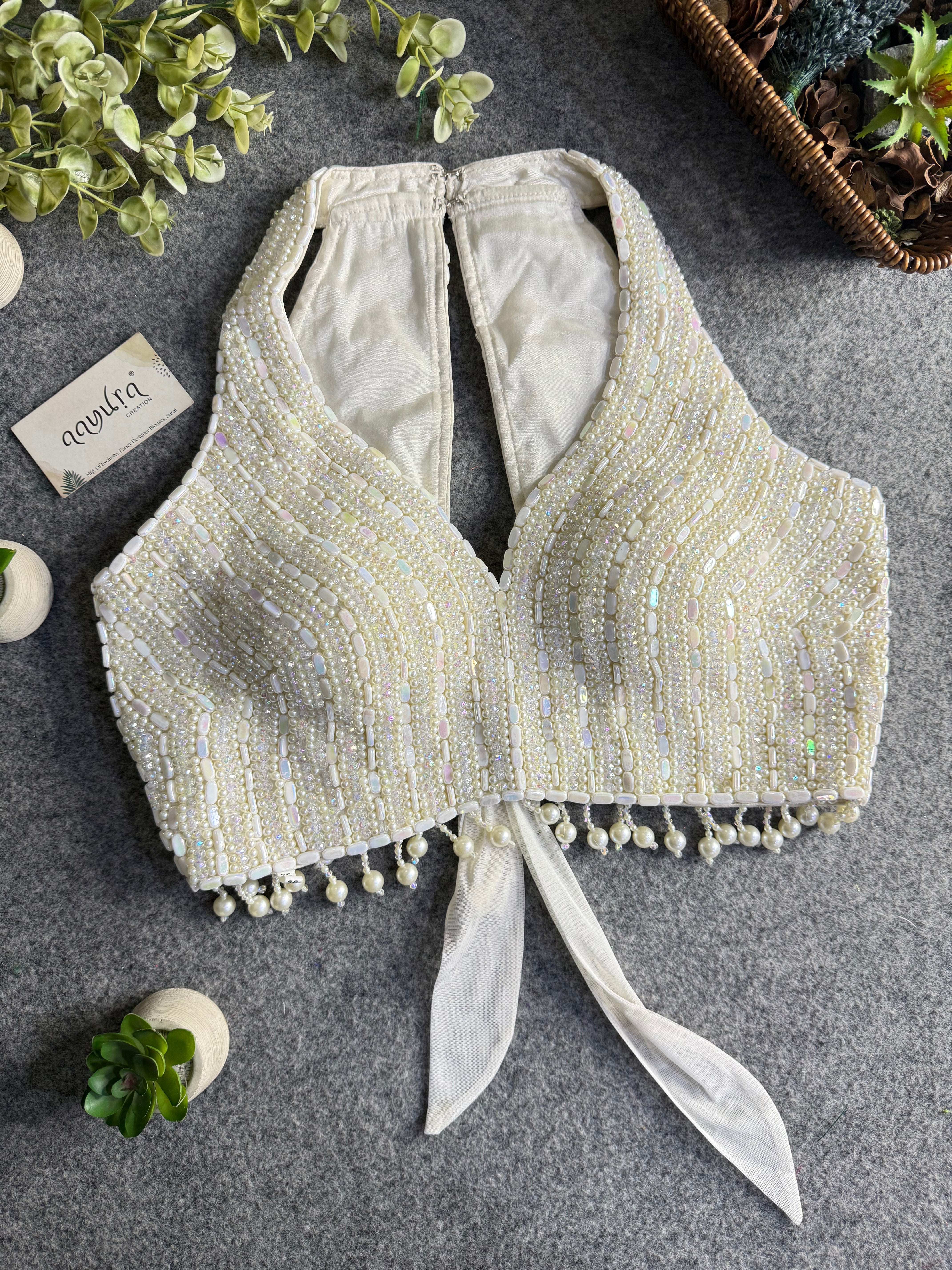 Heavy Pearl Handworked Back-Tie Designer Blouse