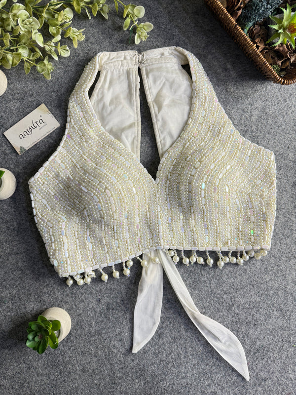 Heavy Pearl Handworked Back-Tie Designer Blouse