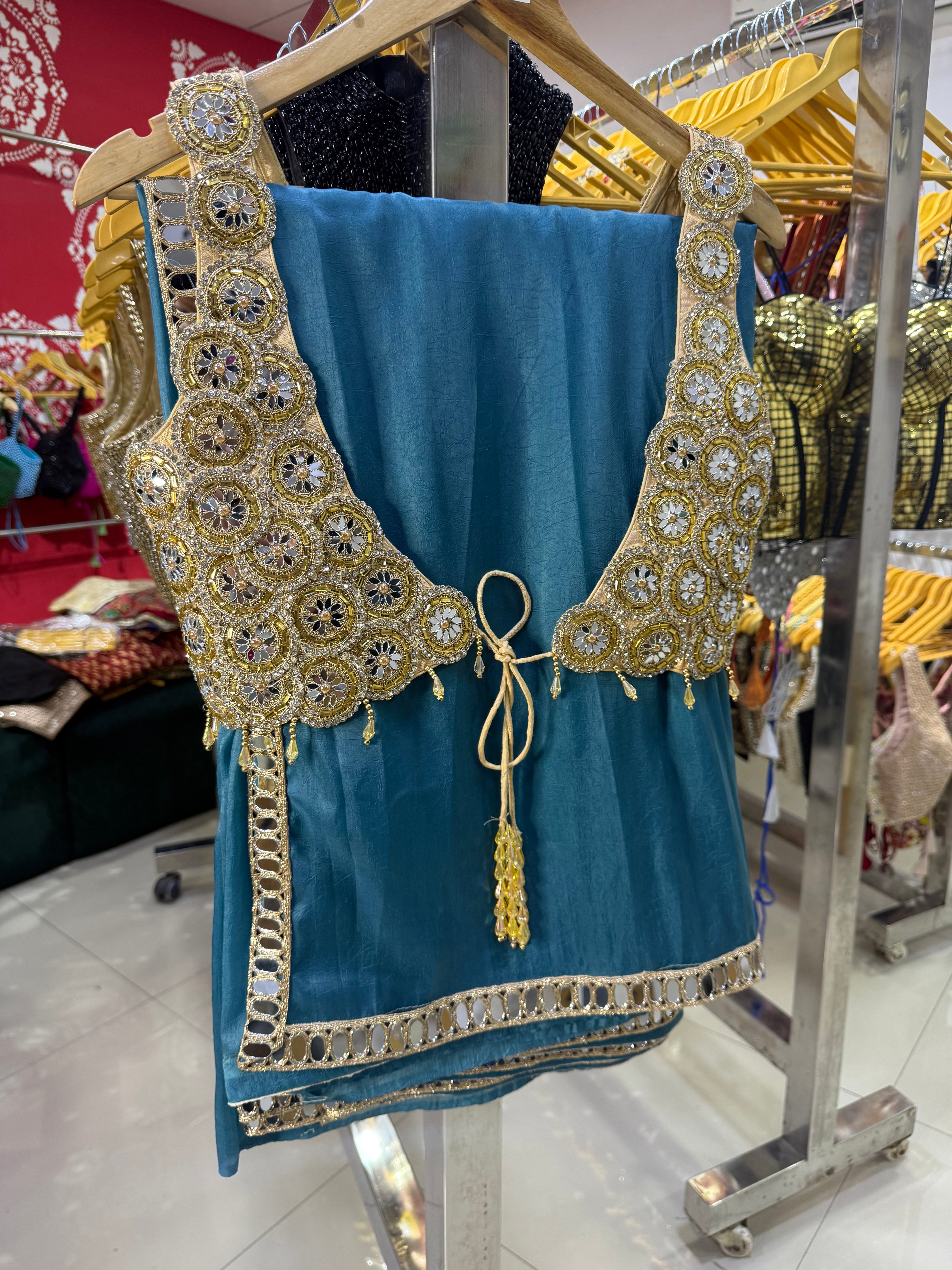 Luxury Beads & Mirror Silk Blouse Saree Combo