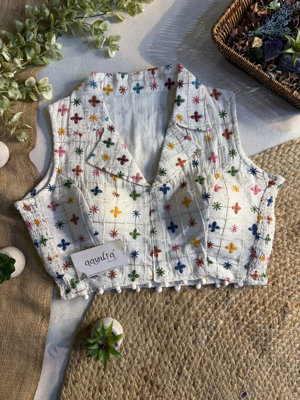 Classic Off-White Stretchable Embroidery Blouse